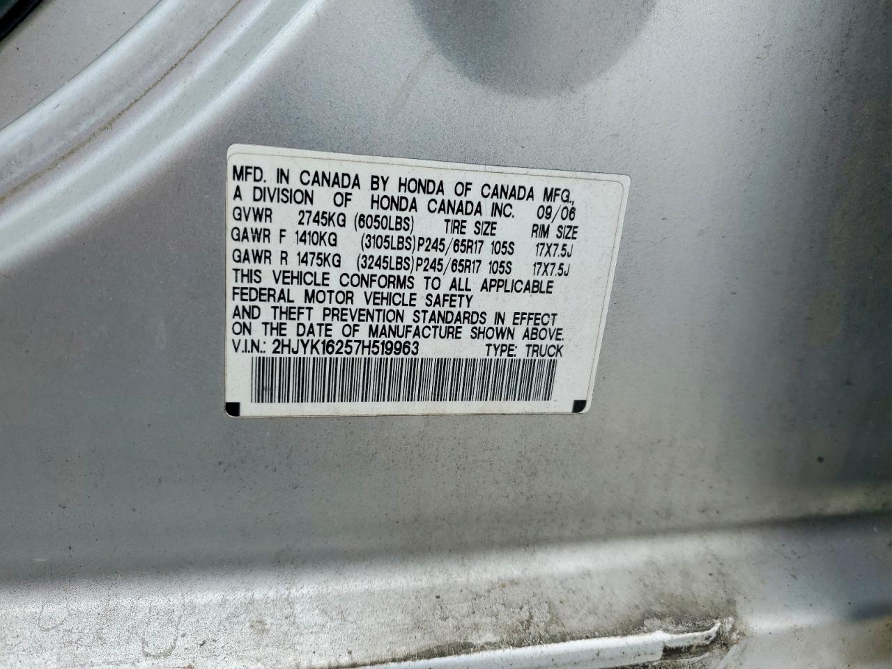 2007 Honda Ridgeline Rt Silver vin: 2HJYK16257H519963