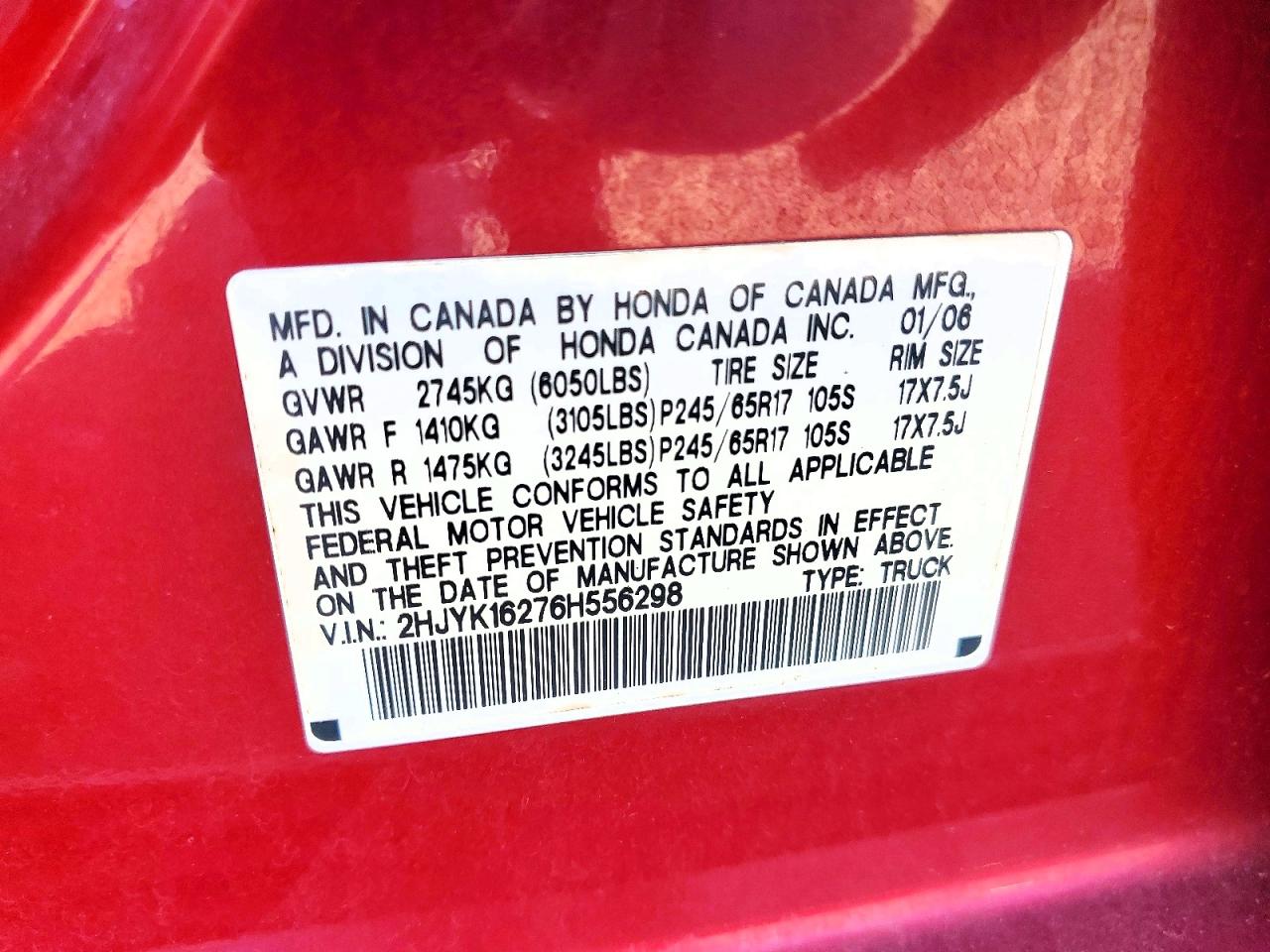 2006 Honda Ridgeline Rt Red vin: 2HJYK16276H556298