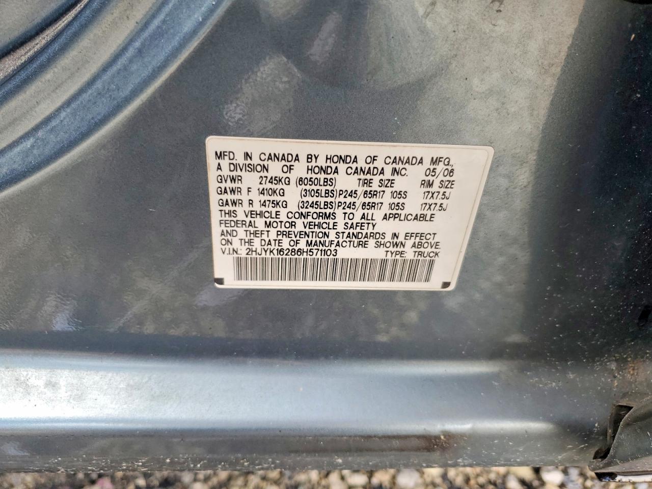 2006 Honda Ridgeline Rt Blue vin: 2HJYK16286H571103