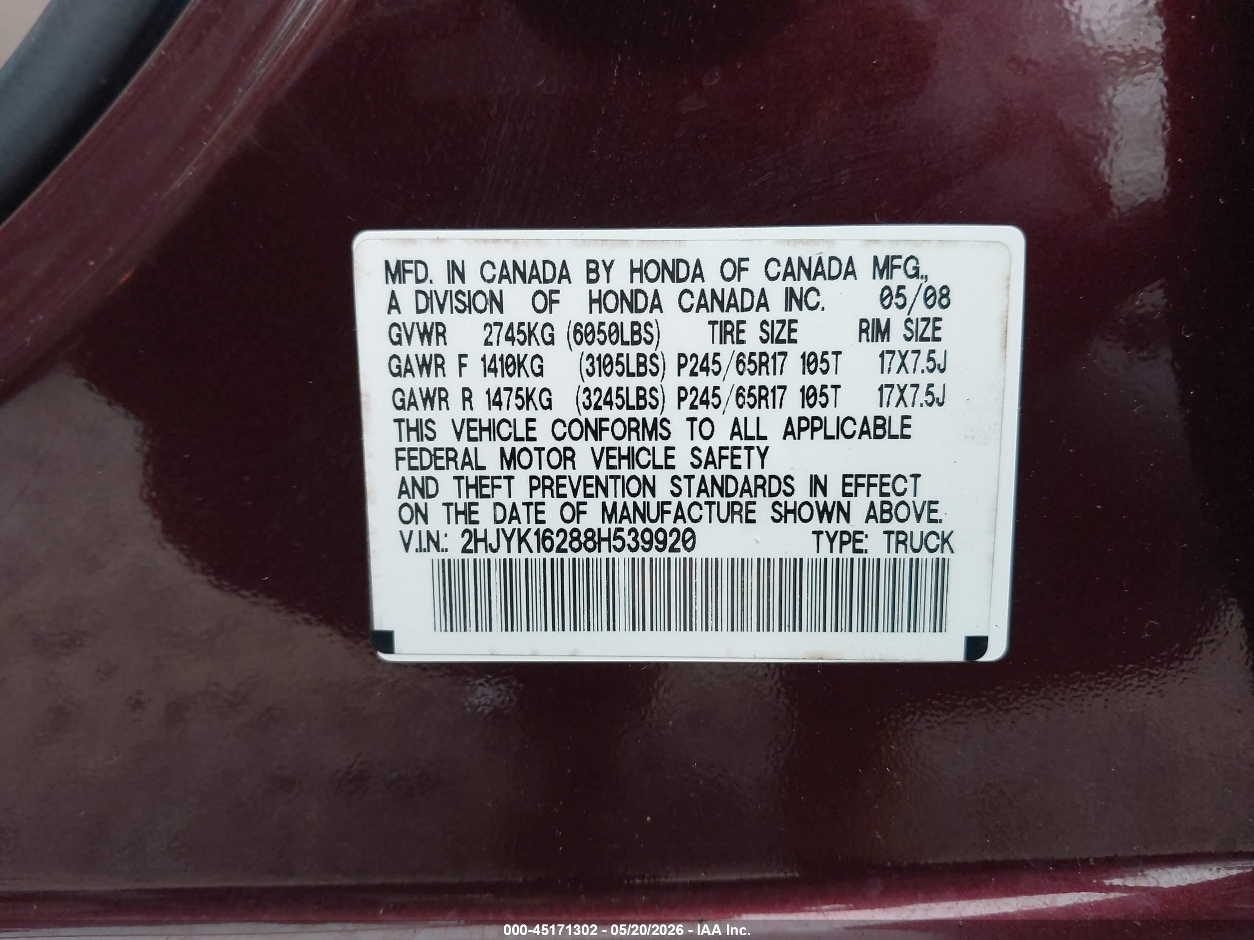 2008 Honda Ridgeline Rt Purple vin: 2HJYK16288H539920