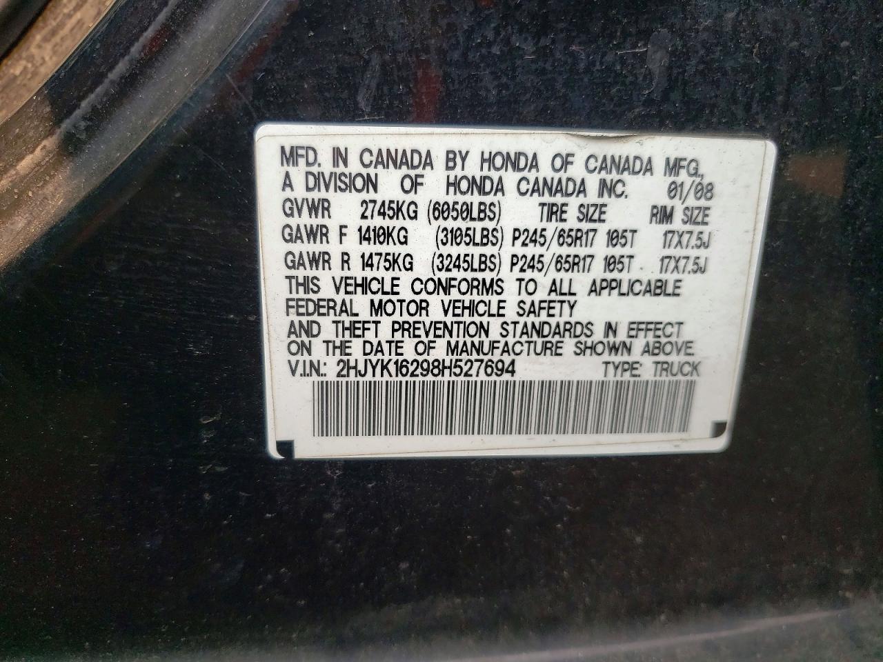 2008 Honda Ridgeline Rt Black vin: 2HJYK16298H527694