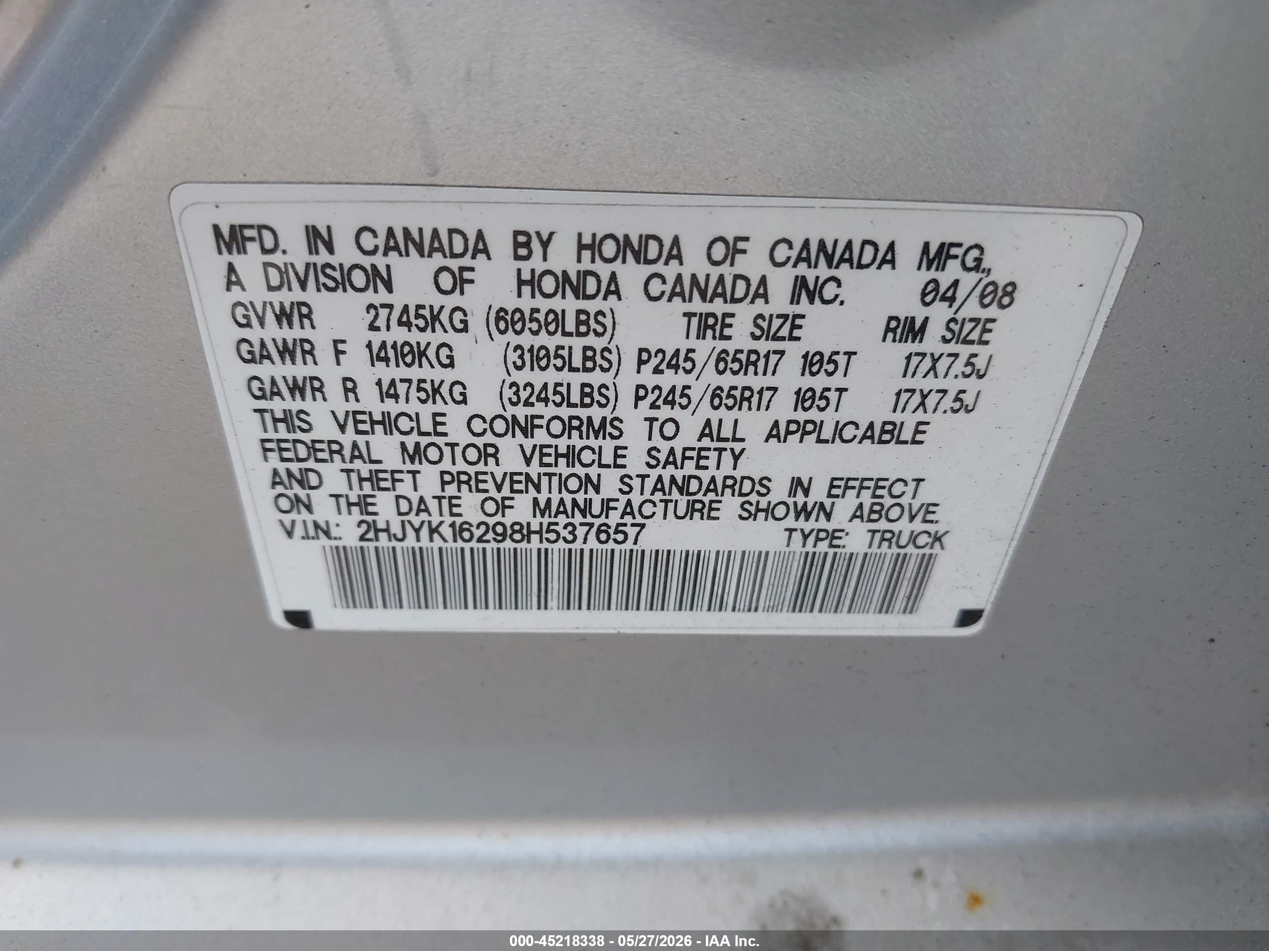 2008 Honda Ridgeline Rt Silver vin: 2HJYK16298H537657