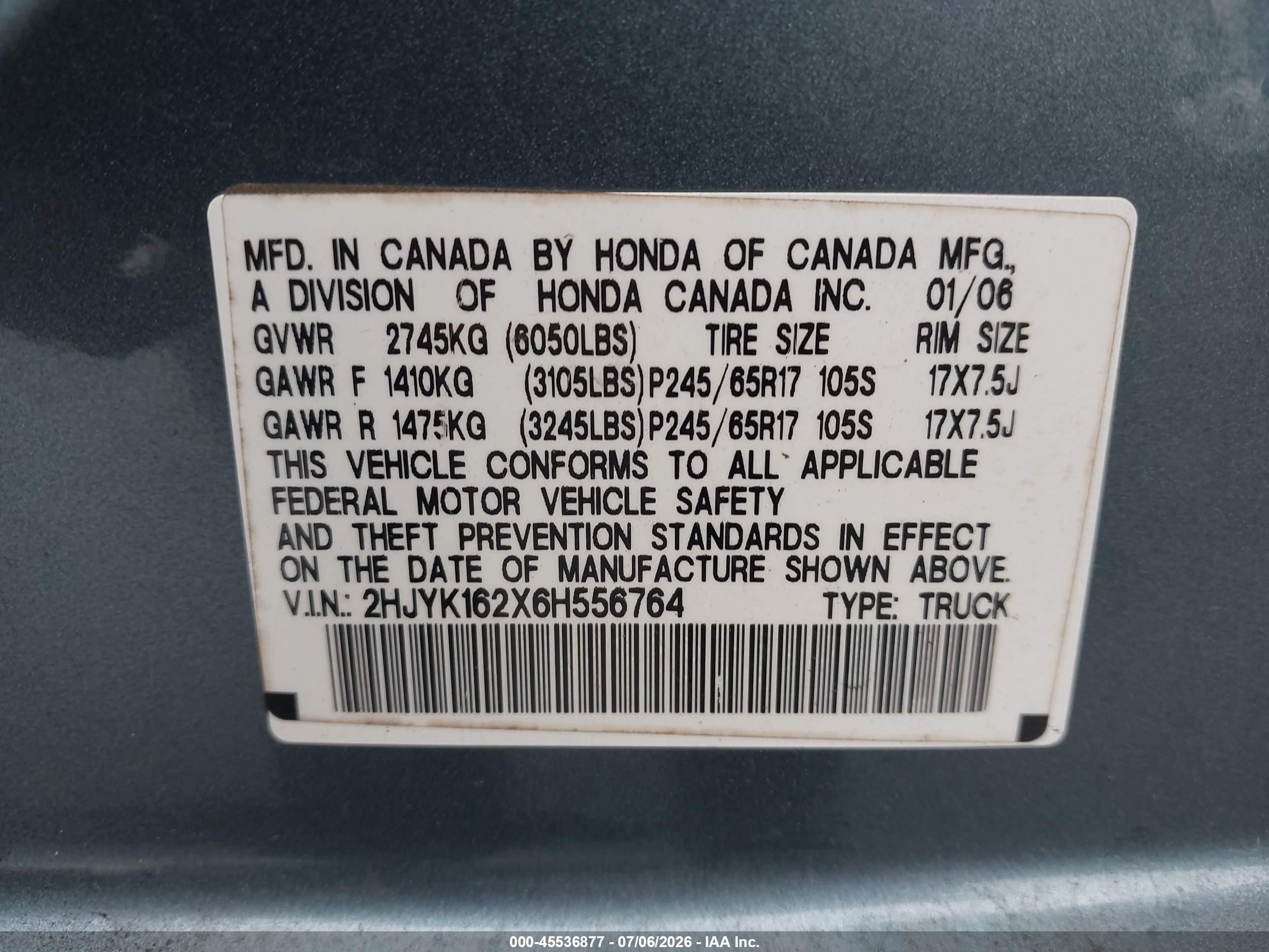 2006 Honda Ridgeline Rt Blue vin: 2HJYK162X6H556764