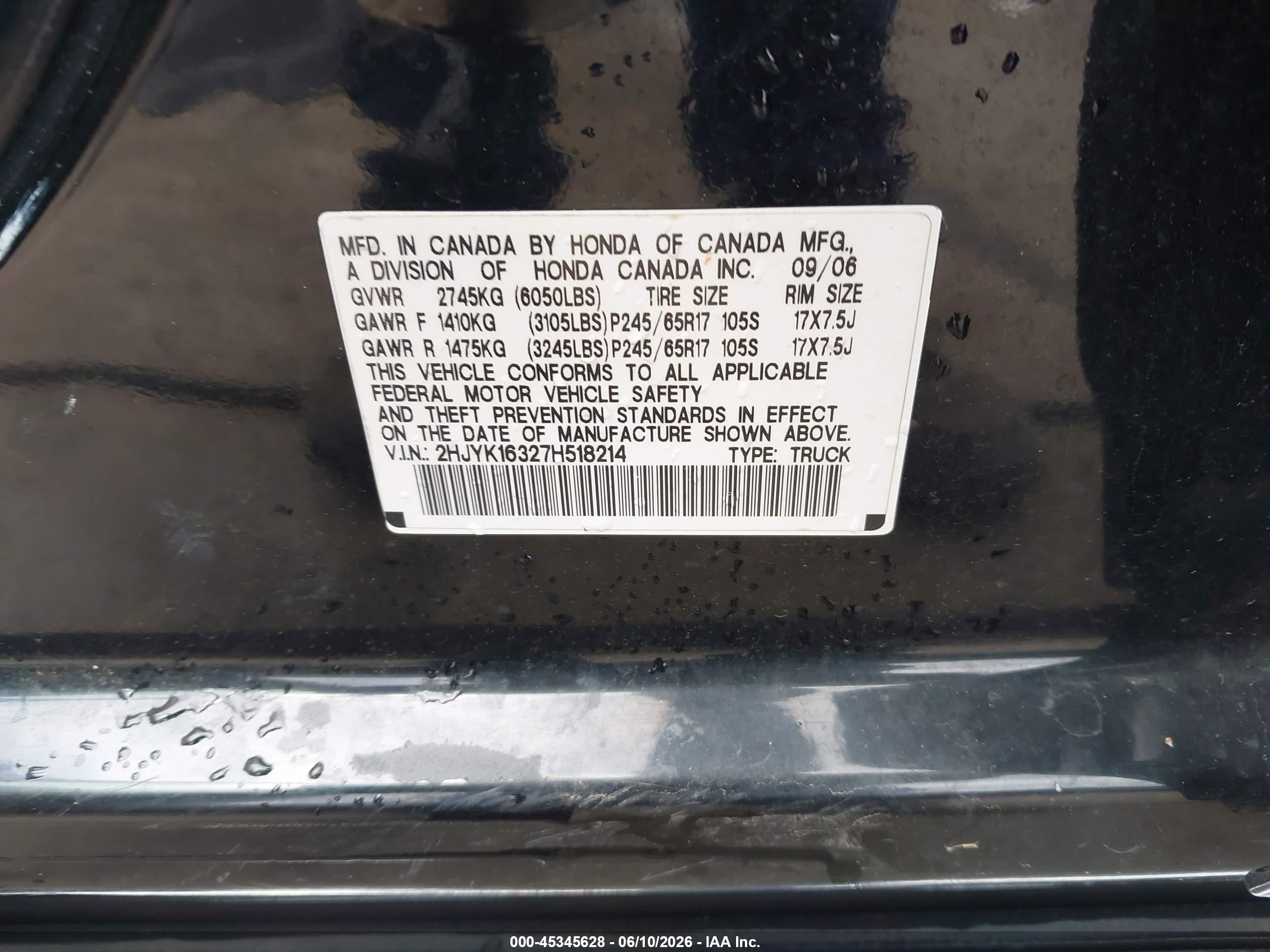 2007 Honda Ridgeline Rtx Black vin: 2HJYK16327H518214