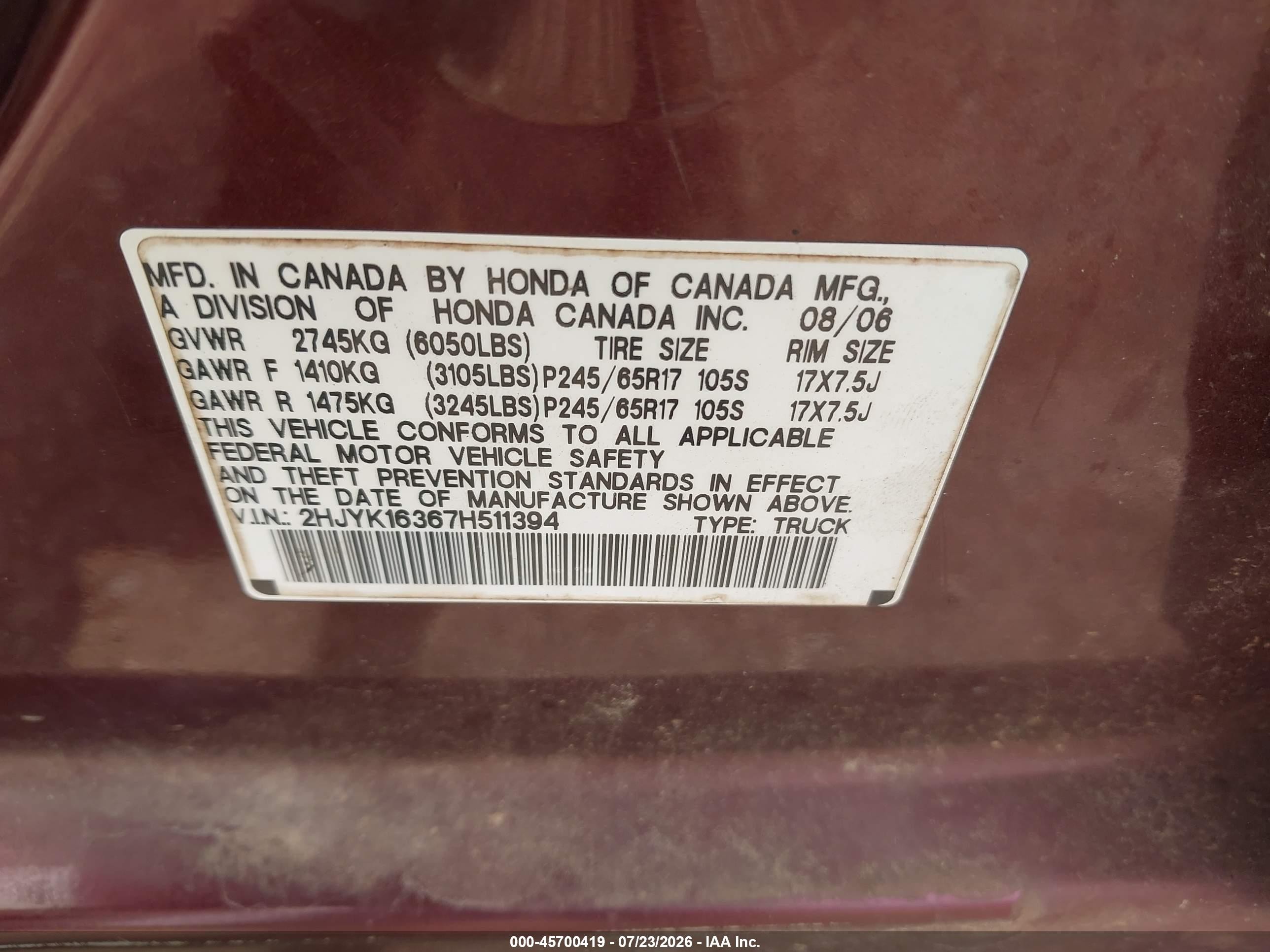2007 Honda Ridgeline Rtx Темно-бордовый vin: 2HJYK16367H511394