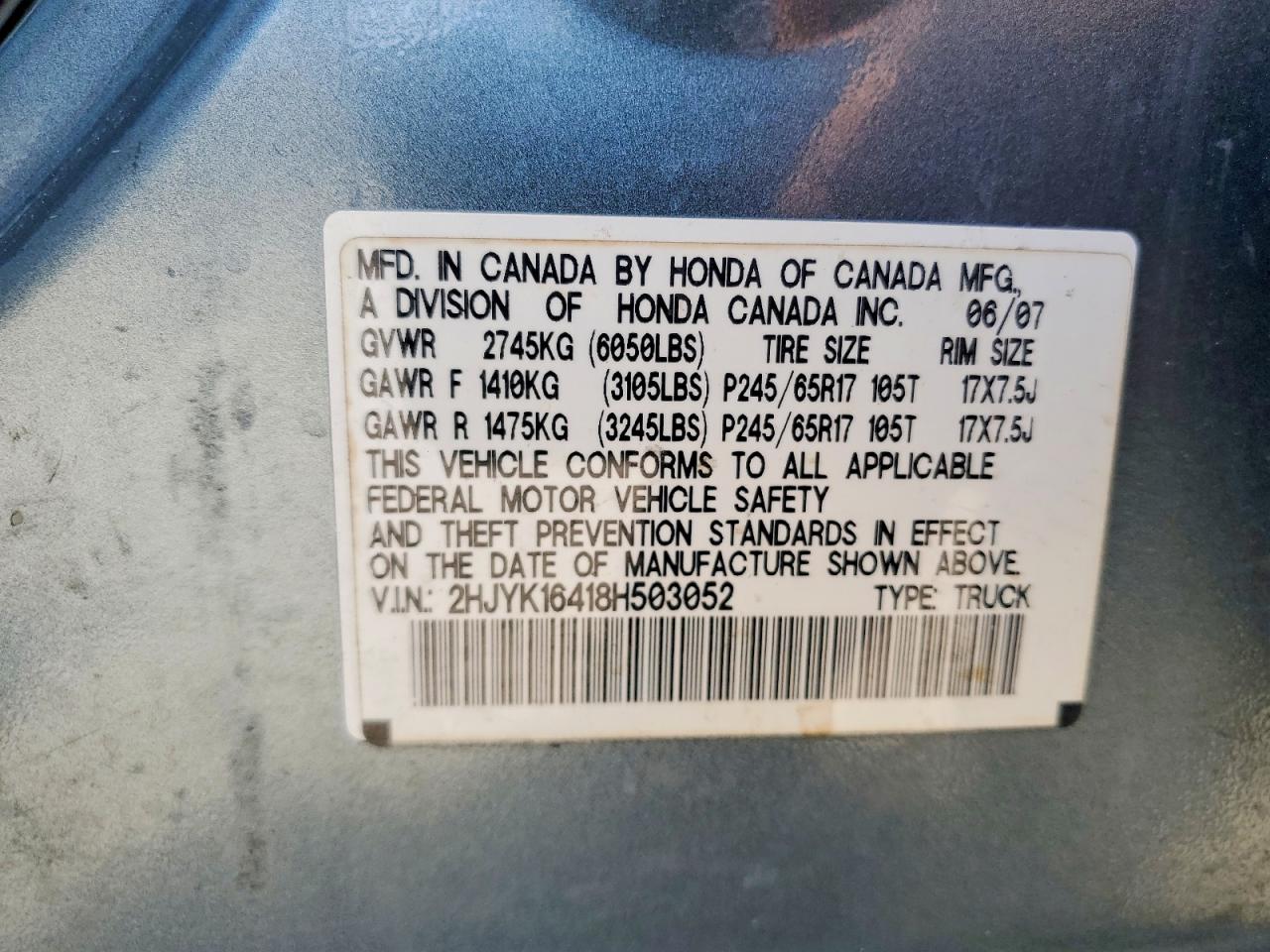 2008 Honda Ridgeline Rts Teal vin: 2HJYK16418H503052