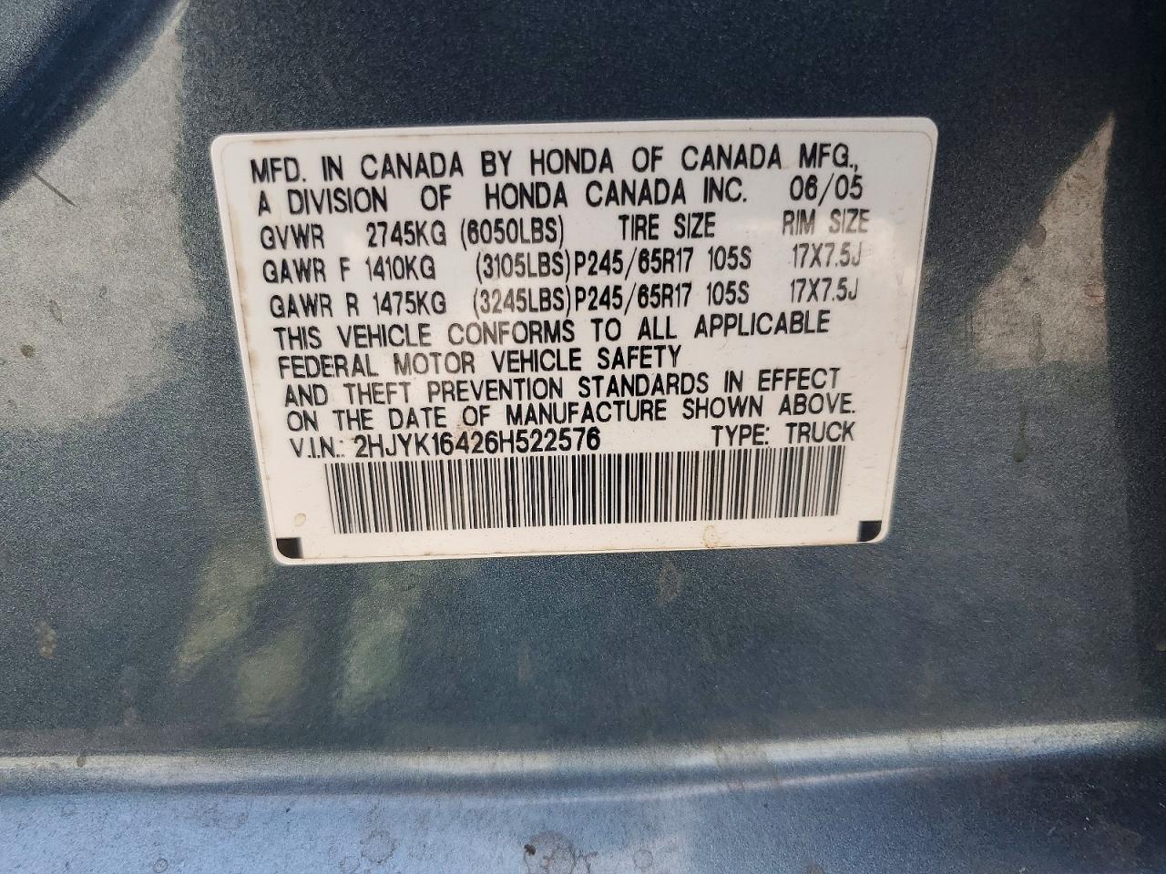 2006 Honda Ridgeline Rts Teal vin: 2HJYK16426H522576