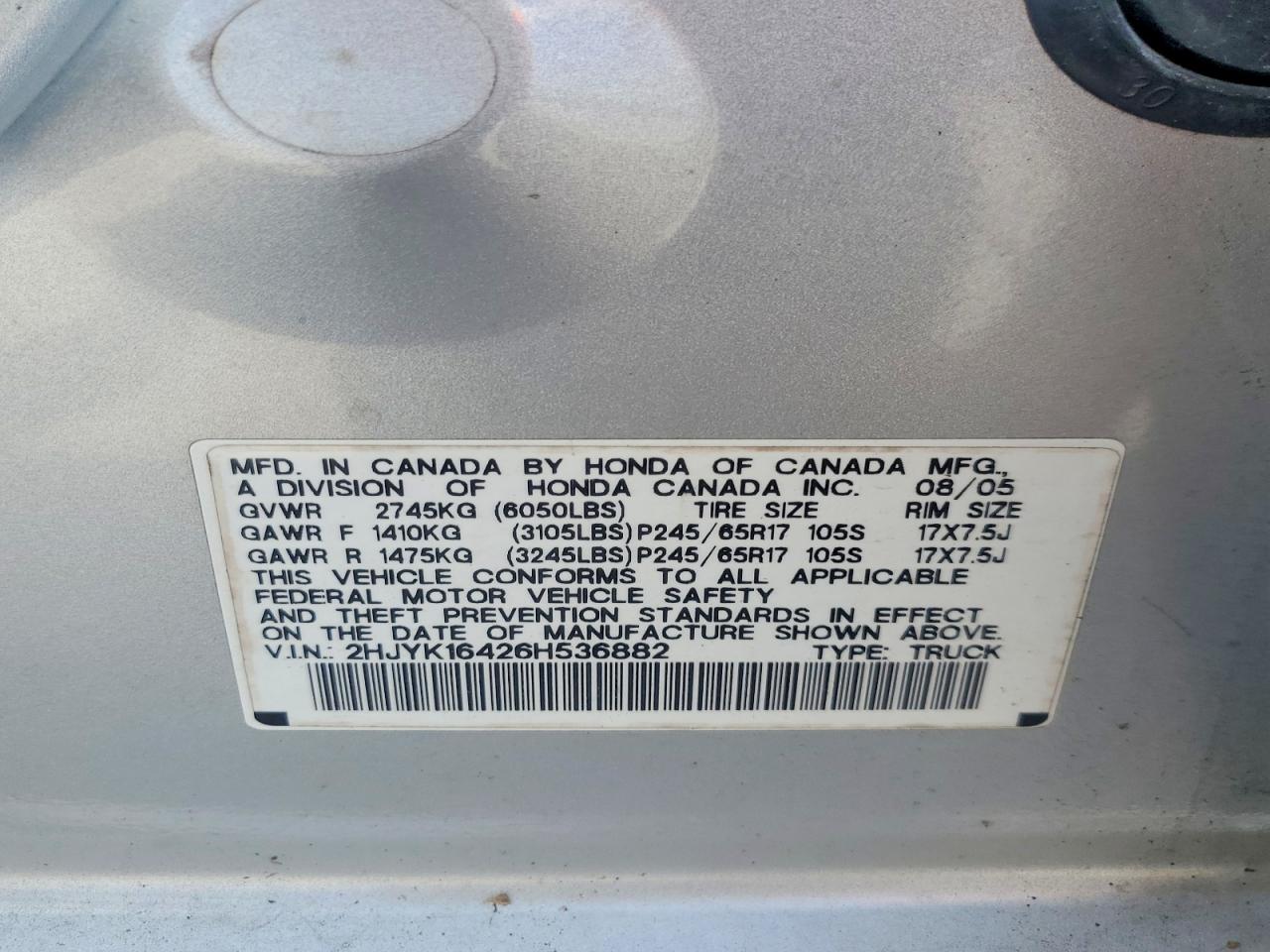 2006 Honda Ridgeline Silver vin: 2HJYK16426H536882