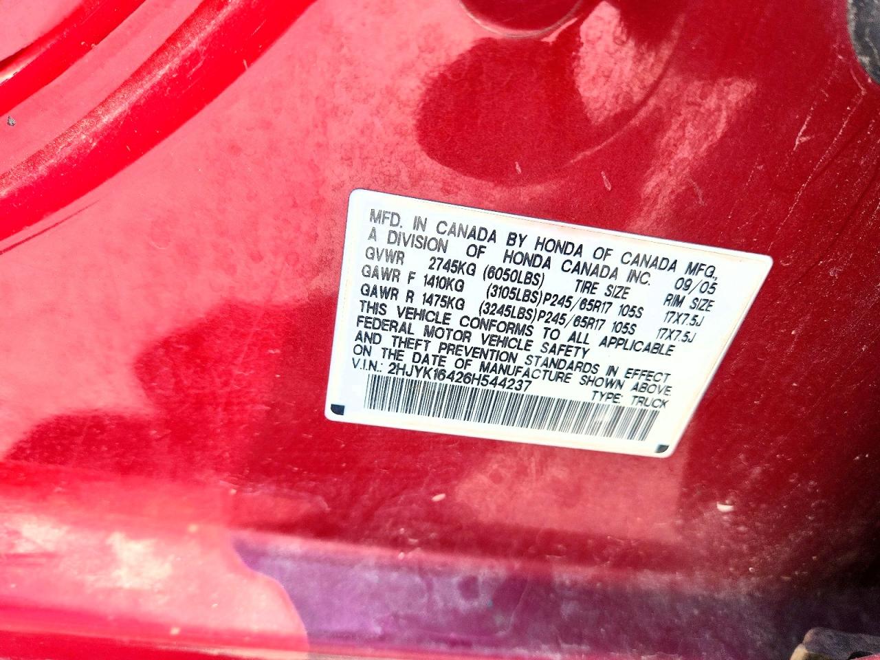 2006 Honda Ridgeline Rts Red vin: 2HJYK16426H544237
