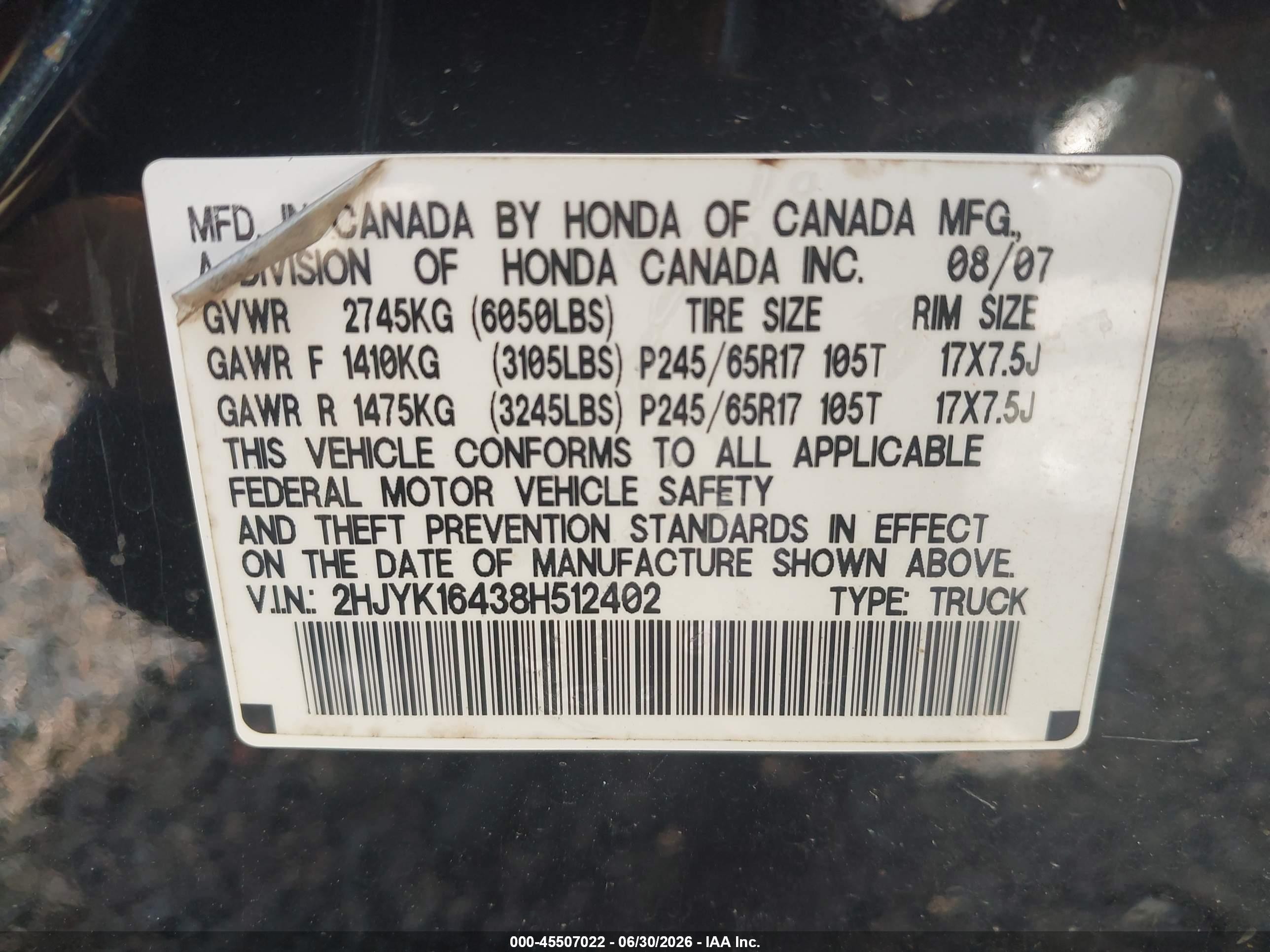 2008 Honda Ridgeline Rts Black vin: 2HJYK16438H512402