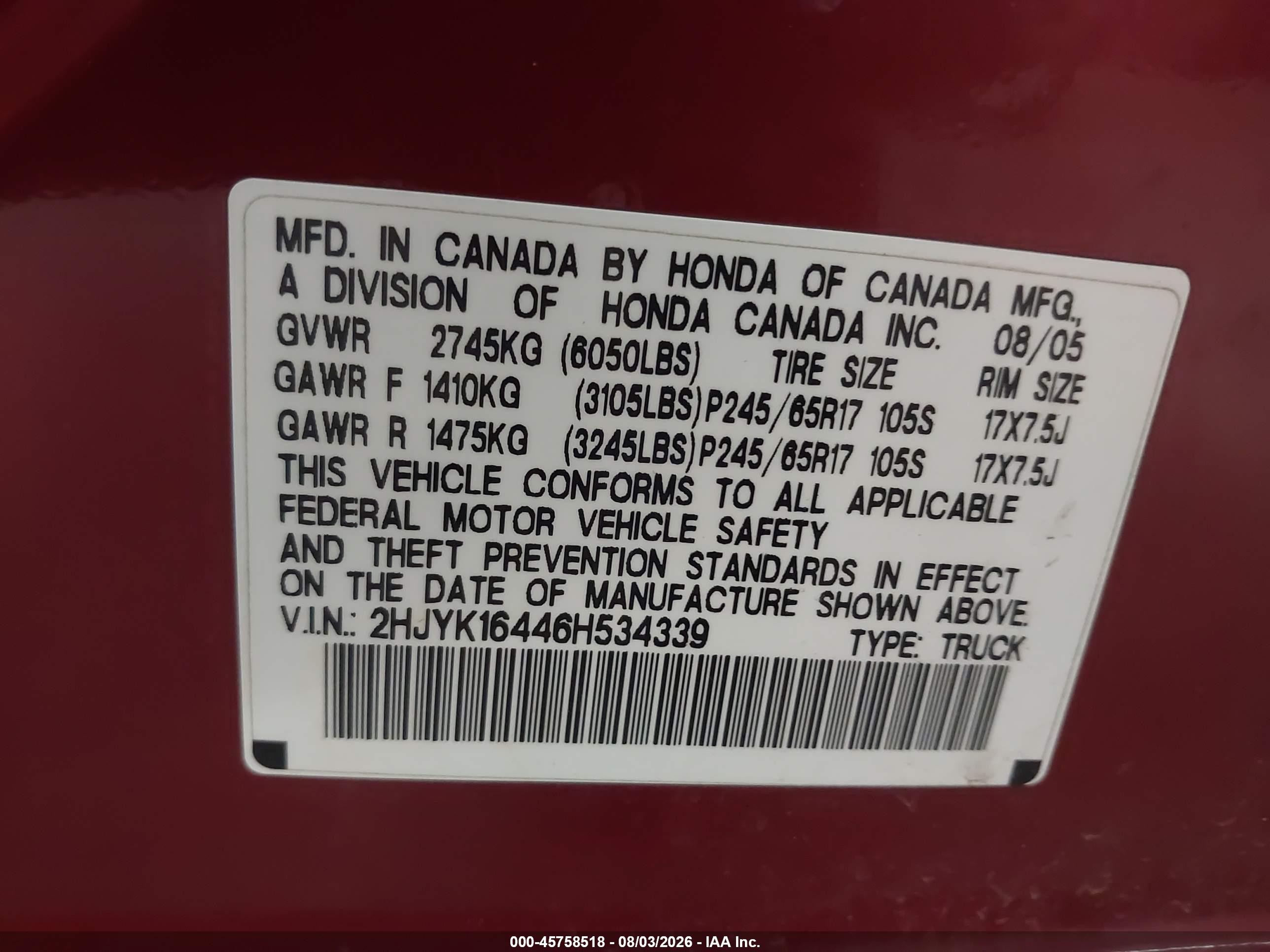 2006 Honda Ridgeline Rts Red vin: 2HJYK16446H534339