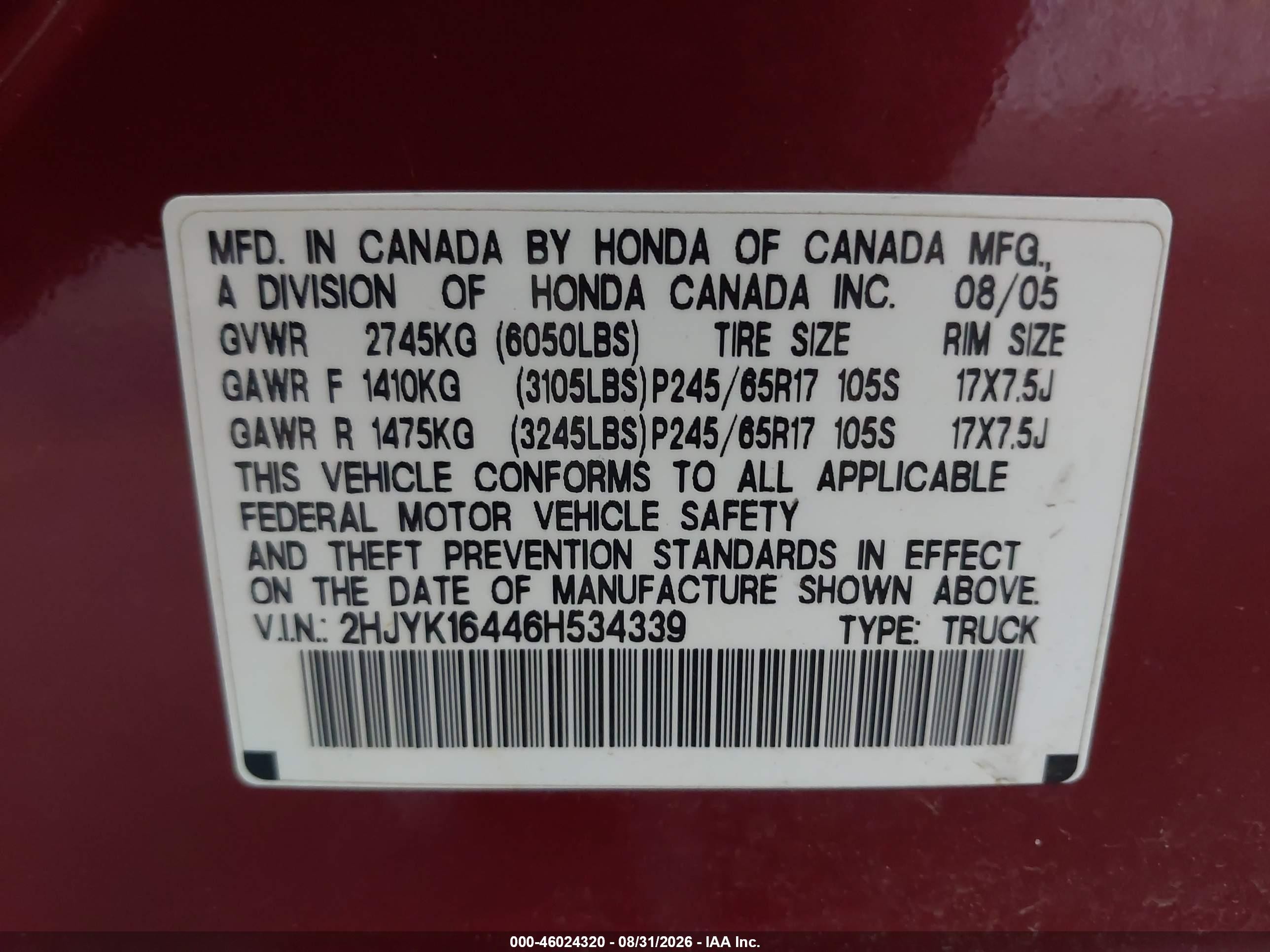 2006 Honda Ridgeline Rts Maroon vin: 2HJYK16446H534339