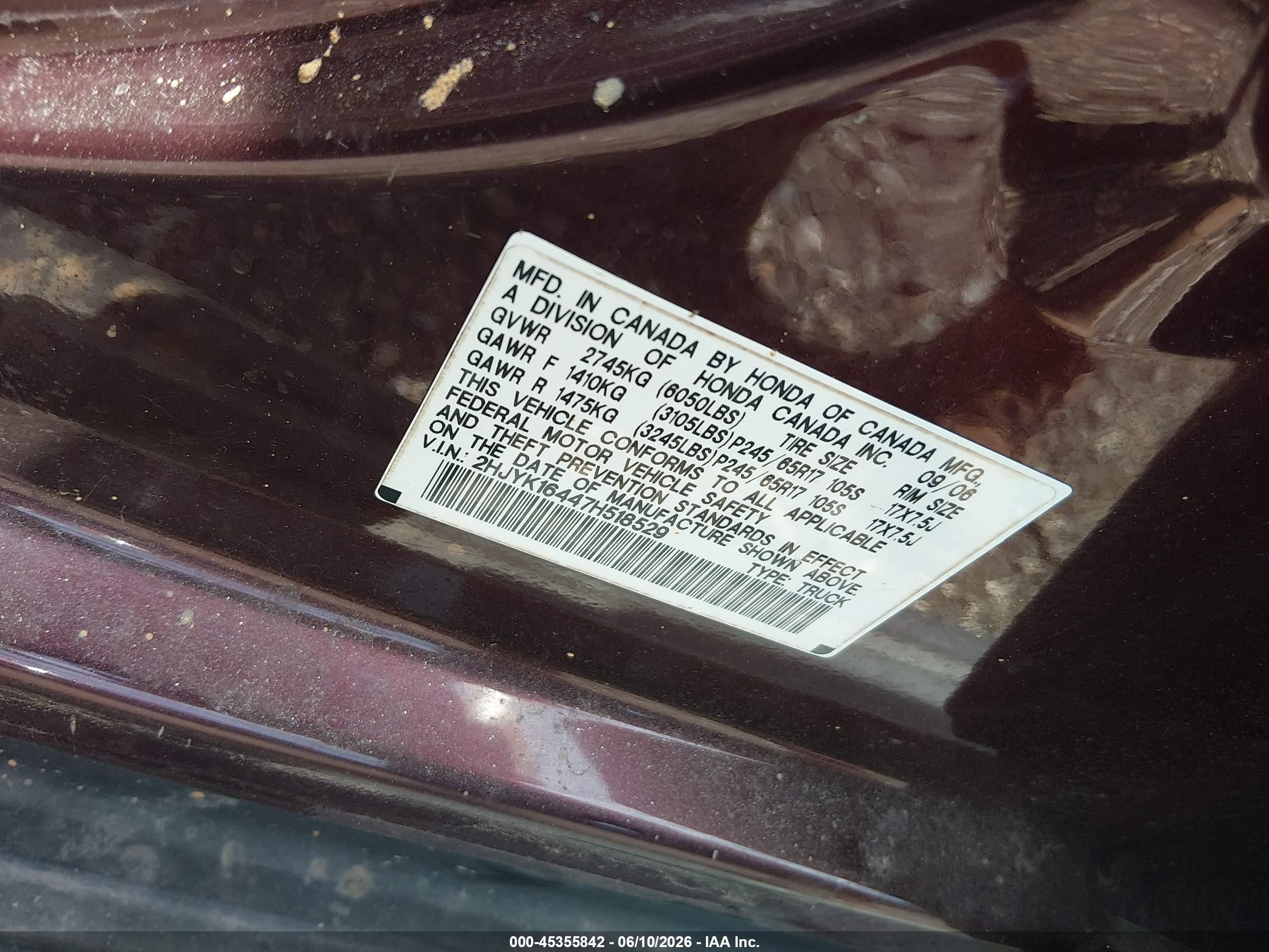 2007 Honda Ridgeline Rts Maroon vin: 2HJYK16447H518529