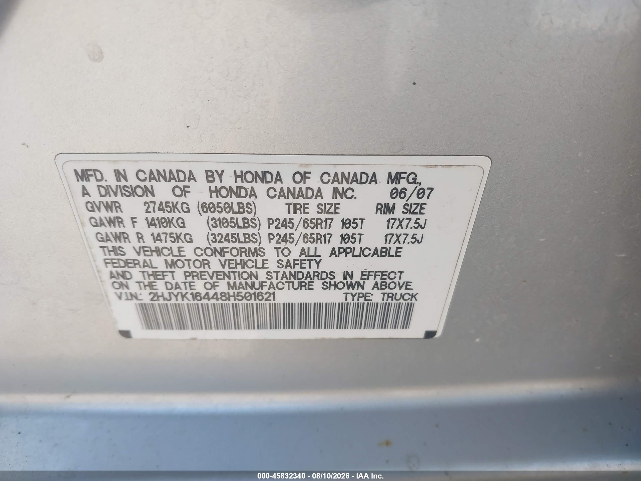 2008 Honda Ridgeline Rts Silver vin: 2HJYK16448H501621