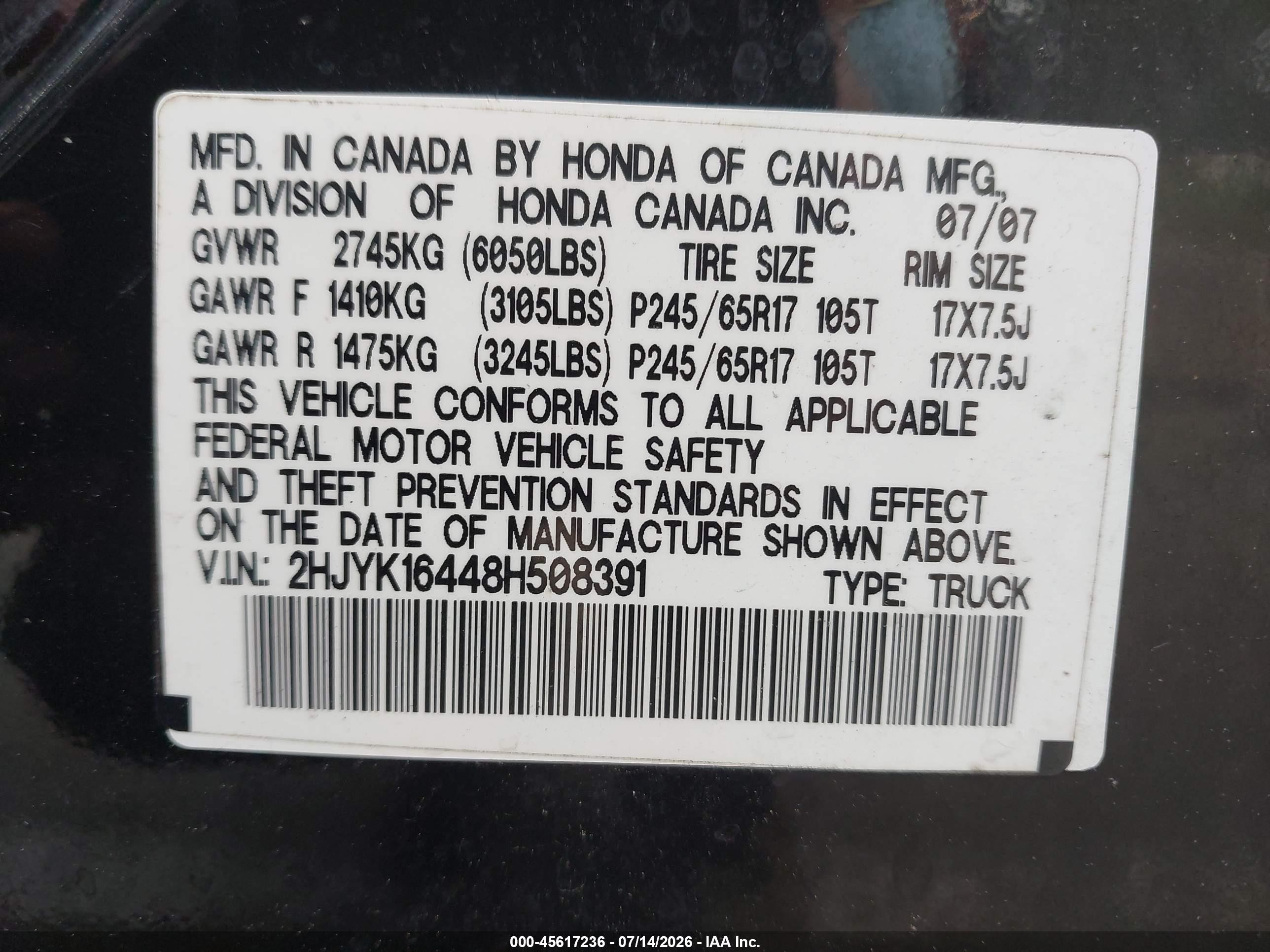 2008 Honda Ridgeline Rts Black vin: 2HJYK16448H508391