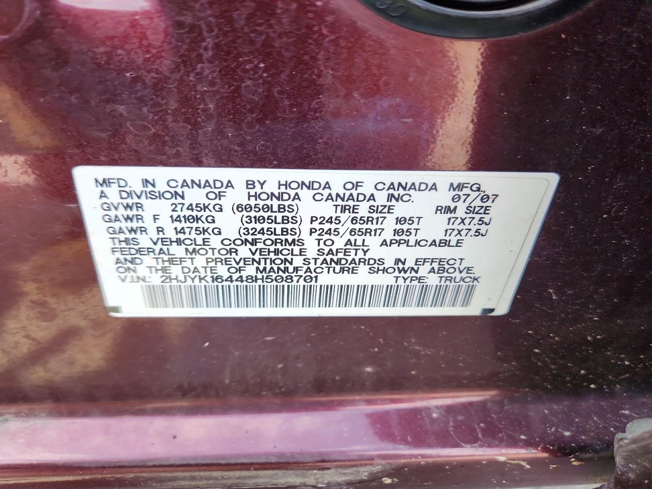 2008 Honda Ridgeline Rts Burgundy vin: 2HJYK16448H508701