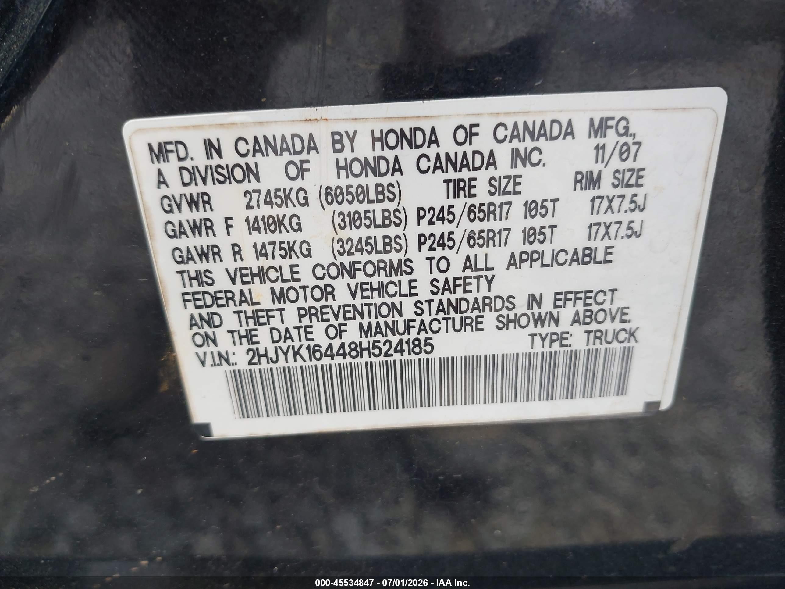 2008 Honda Ridgeline Rts Black vin: 2HJYK16448H524185