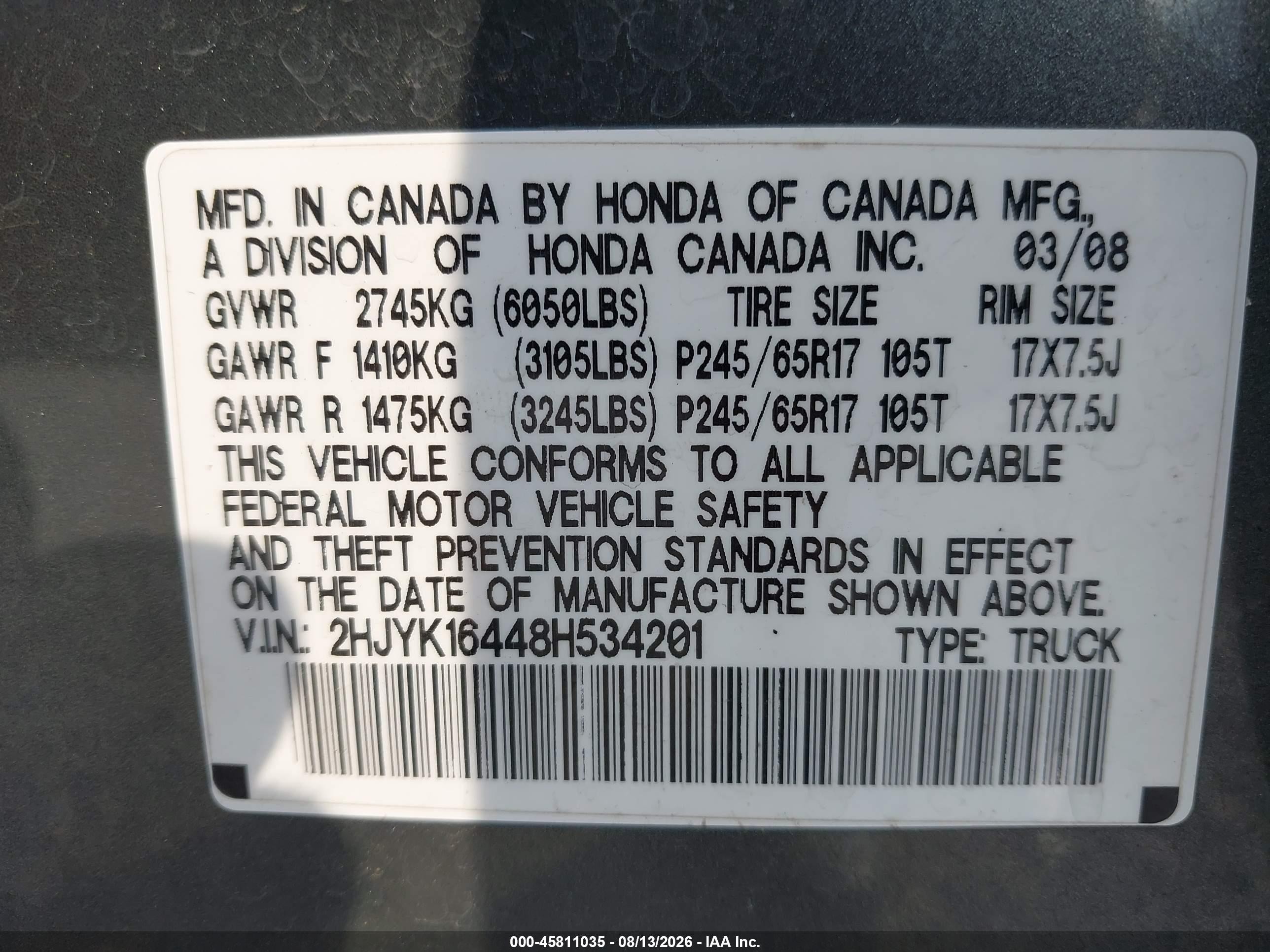 2008 Honda Ridgeline Rts Gray vin: 2HJYK16448H534201
