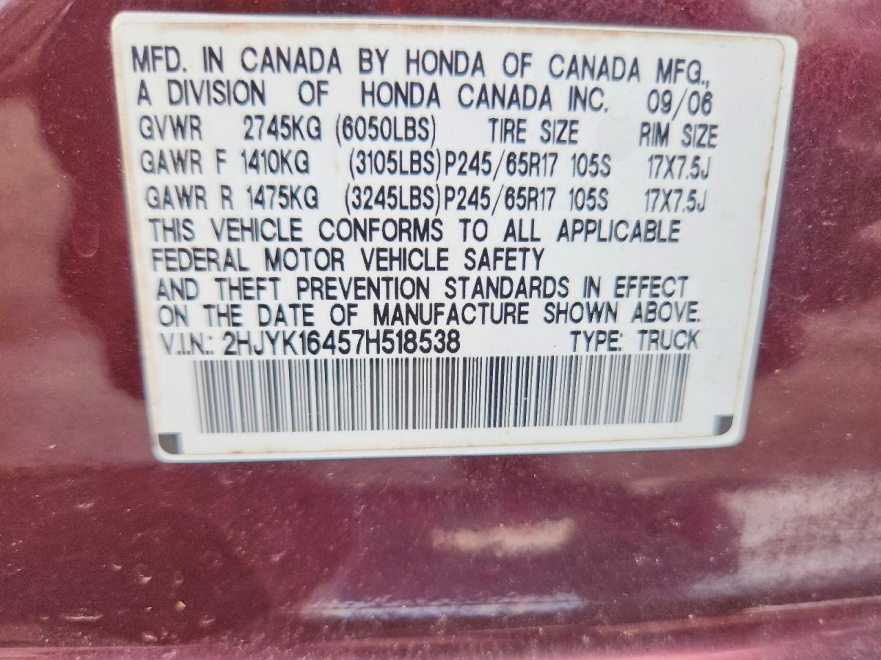 2007 Honda Ridgeline Rts Burgundy vin: 2HJYK16457H518538