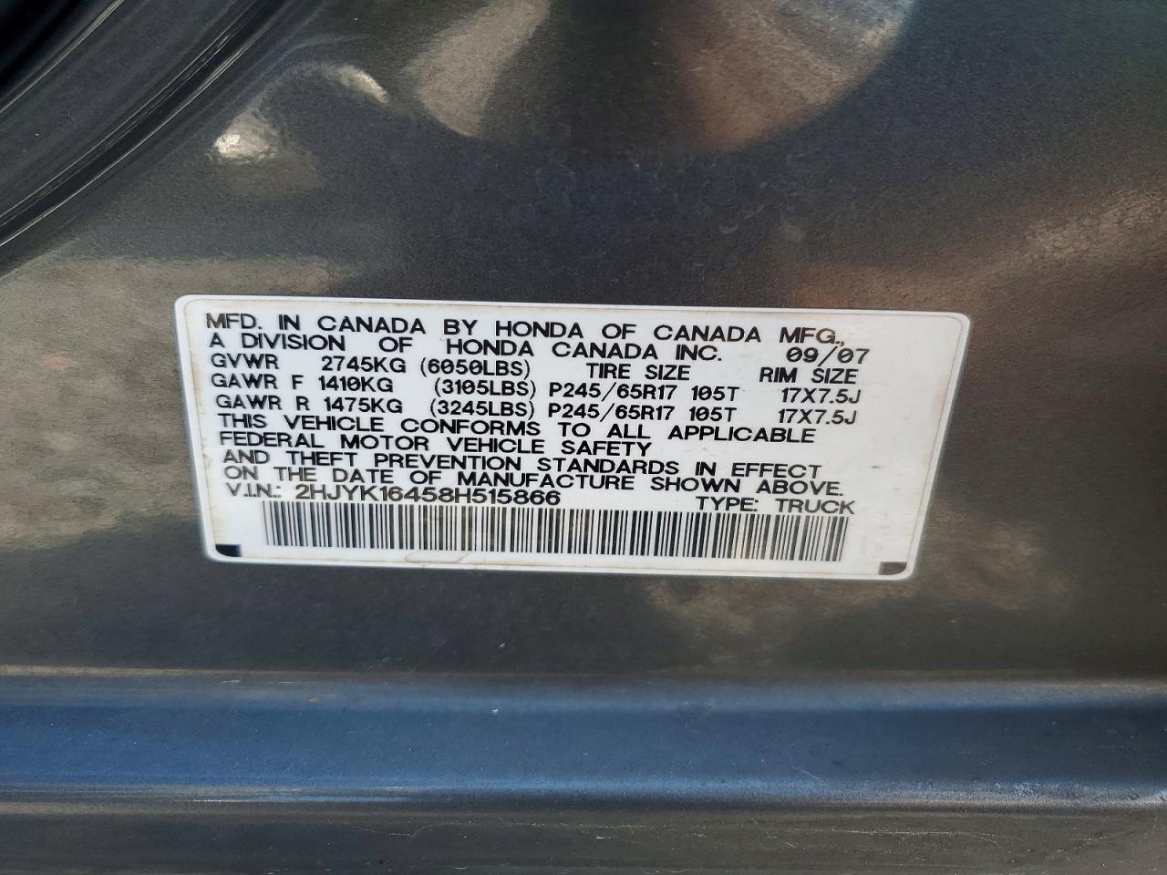 2008 Honda Ridgeline Rts Серый vin: 2HJYK16458H515866