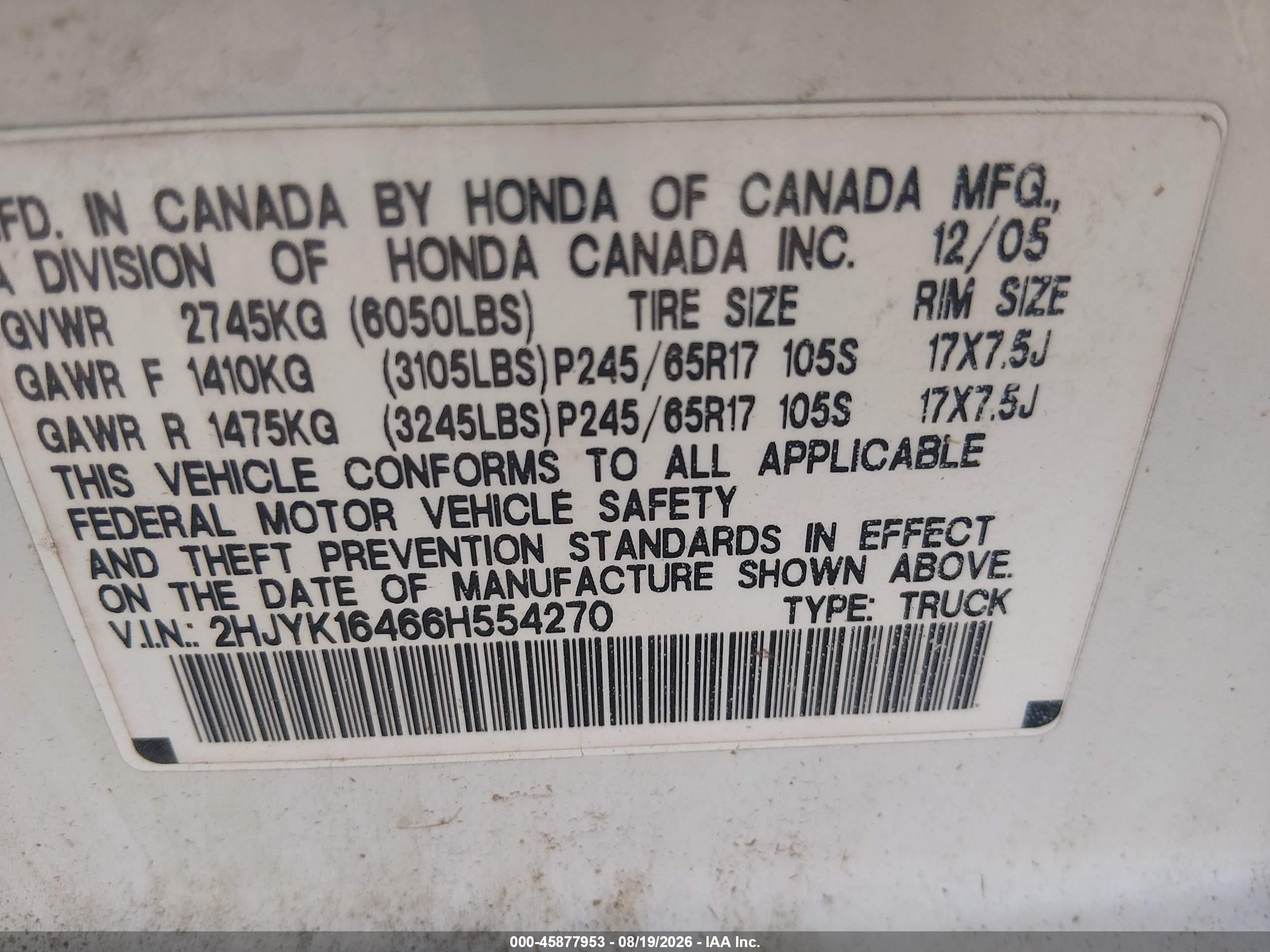 2006 Honda Ridgeline Rts White vin: 2HJYK16466H554270