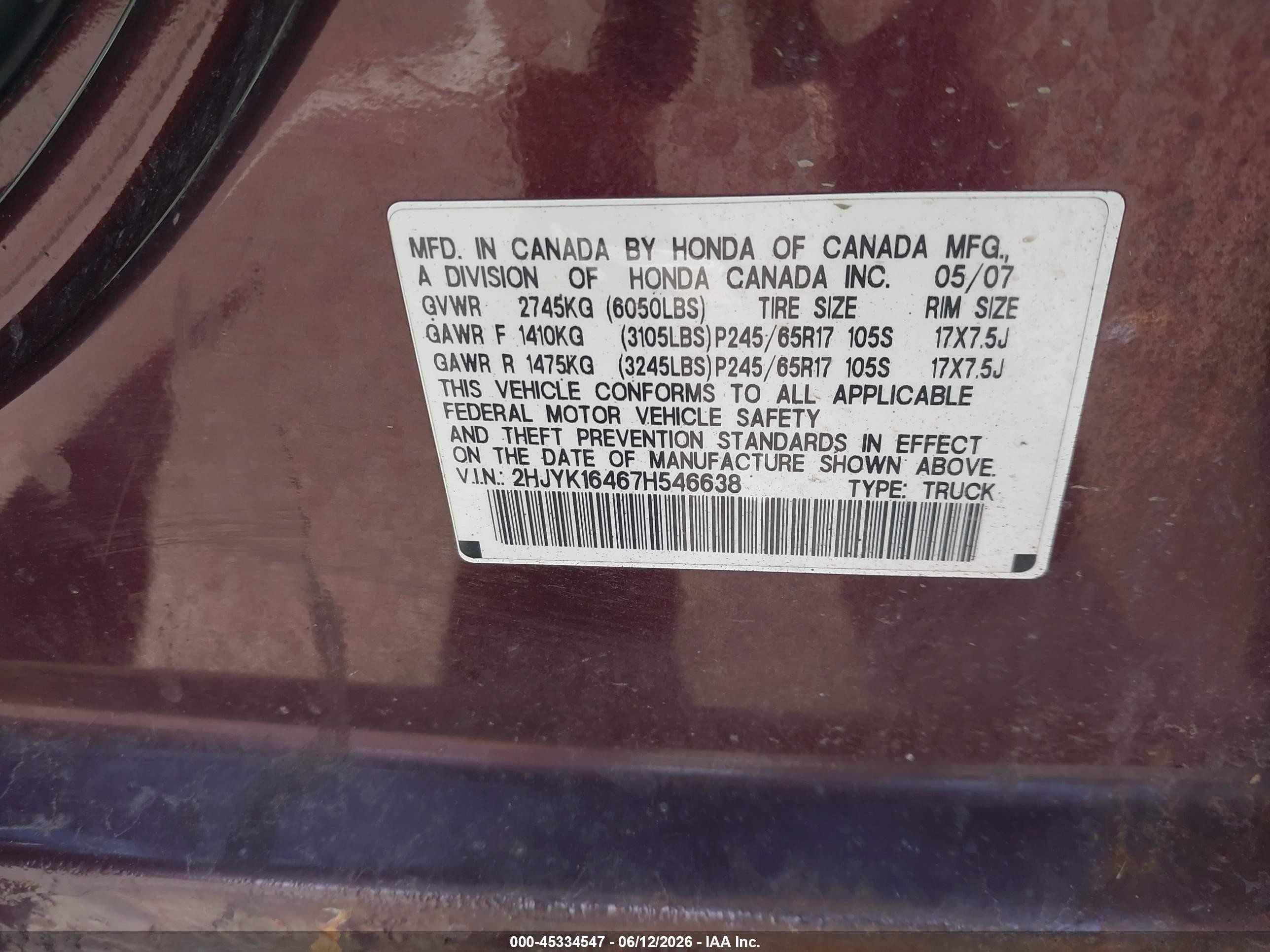2007 Honda Ridgeline Rts Maroon vin: 2HJYK16467H546638