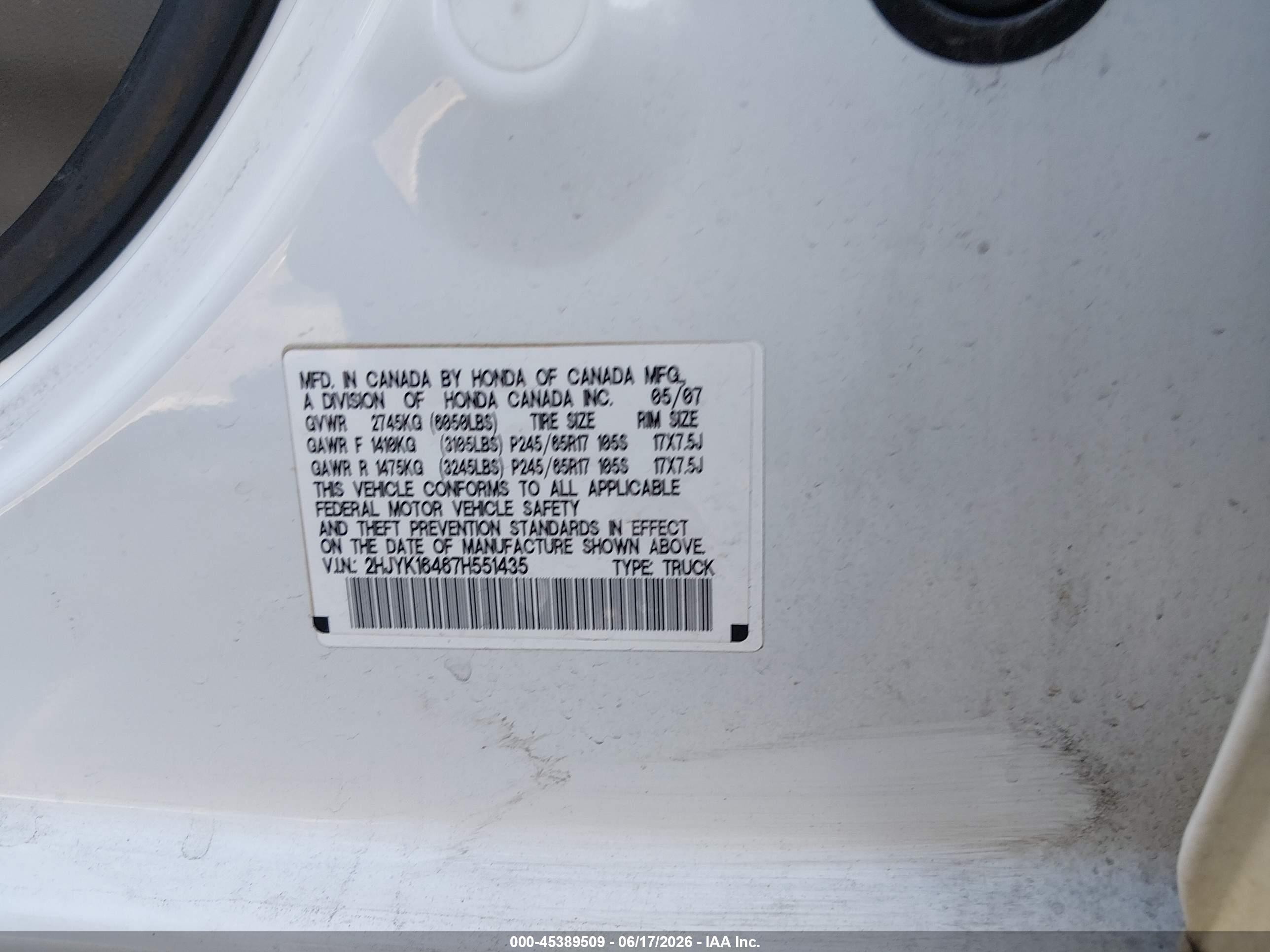 2007 Honda Ridgeline Rts White vin: 2HJYK16467H551435