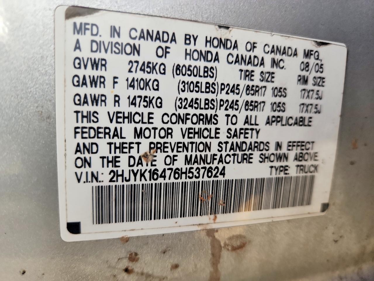 2006 Honda Ridgeline Rts Silver vin: 2HJYK16476H537624