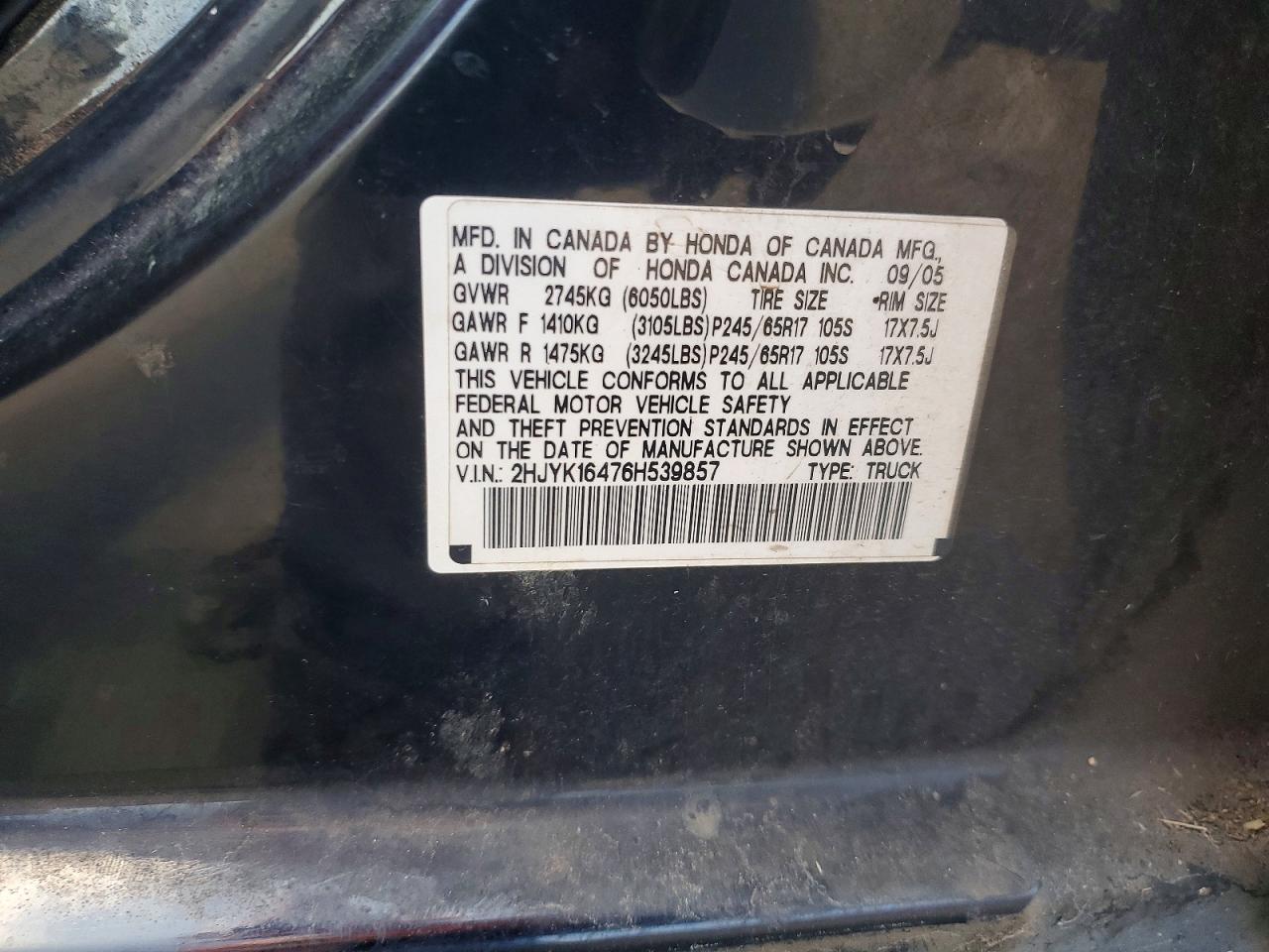 2006 Honda Ridgeline Rts Black vin: 2HJYK16476H539857