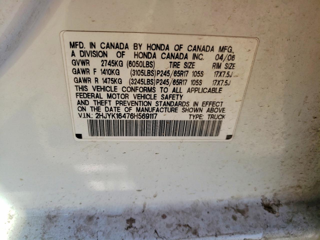 2006 Honda Ridgeline Rts White vin: 2HJYK16476H569117