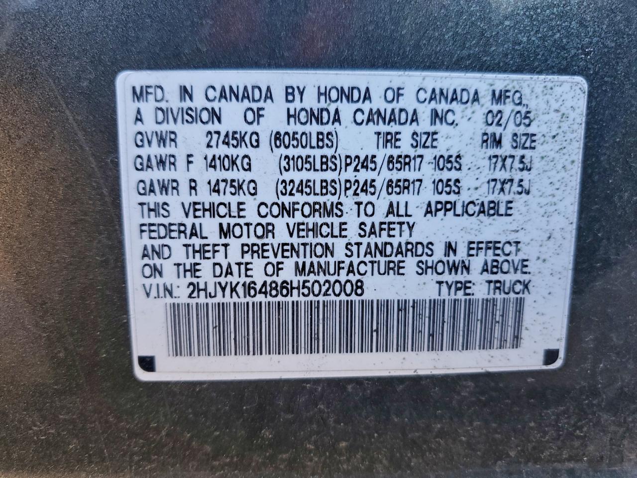 2006 Honda Ridgeline Rts Gray vin: 2HJYK16486H502008