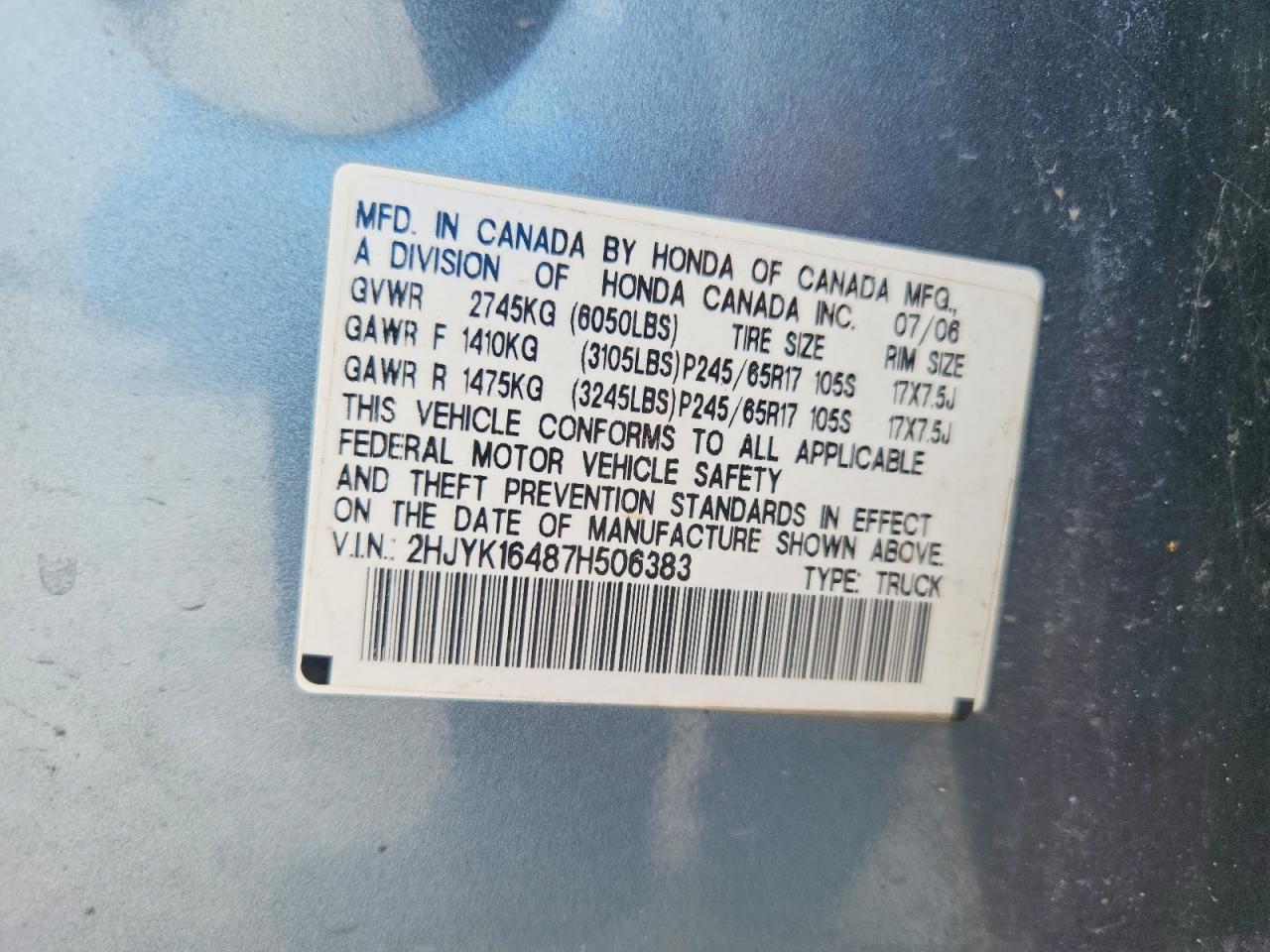 2007 Honda Ridgeline Rts Blue vin: 2HJYK16487H506383