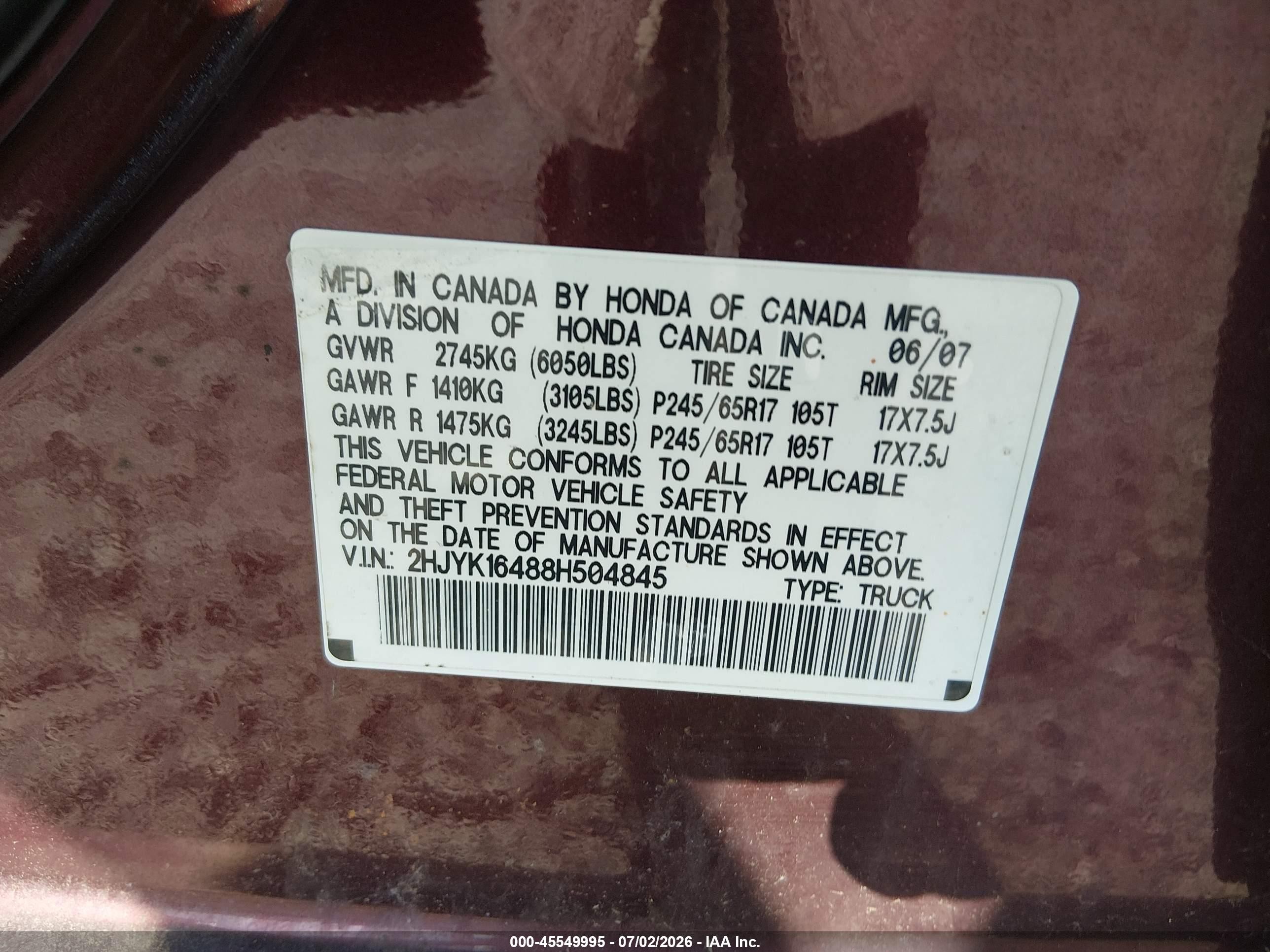 2008 Honda Ridgeline Rts Maroon vin: 2HJYK16488H504845