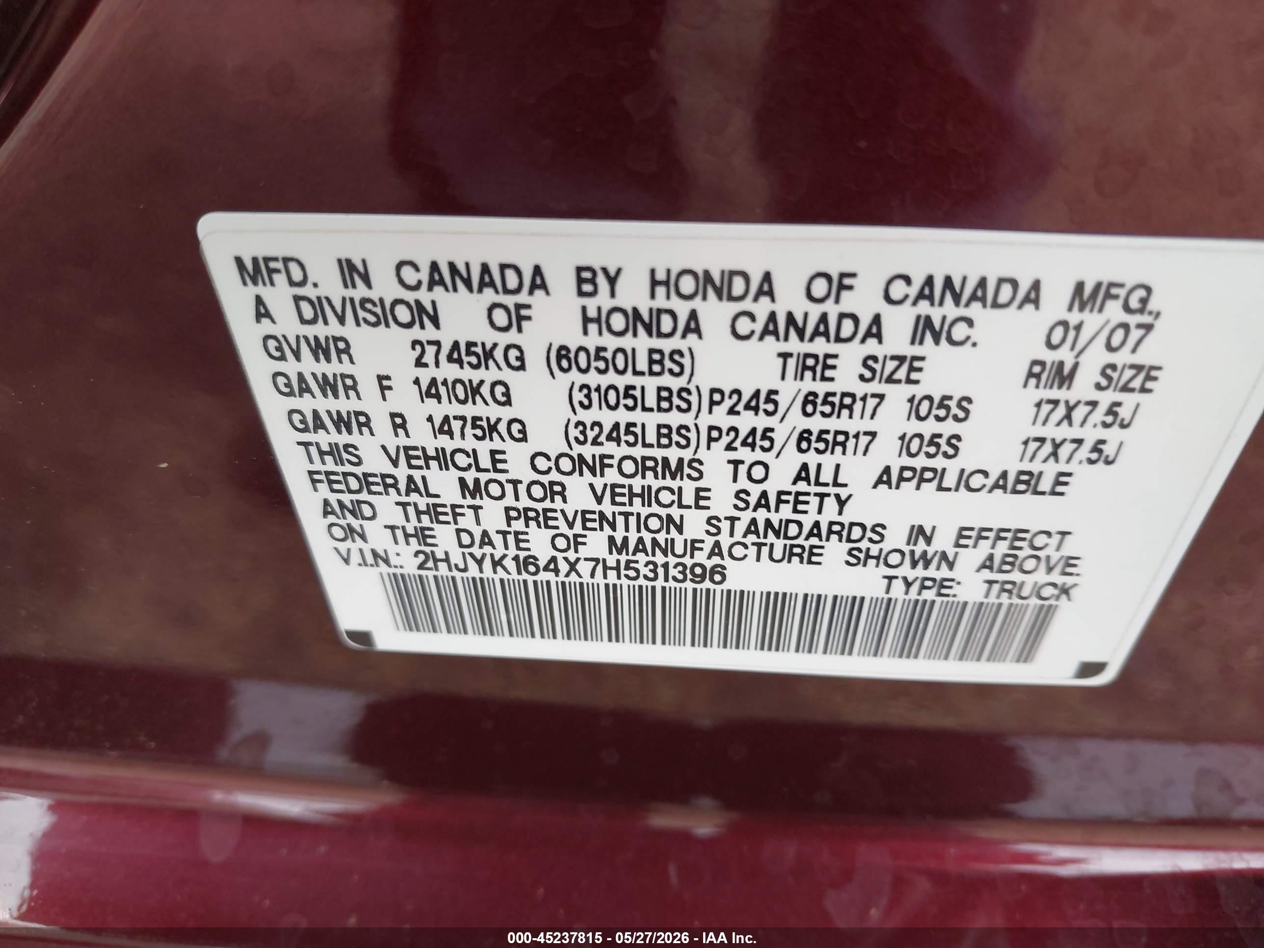2007 Honda Ridgeline Rts Burgundy vin: 2HJYK164X7H531396