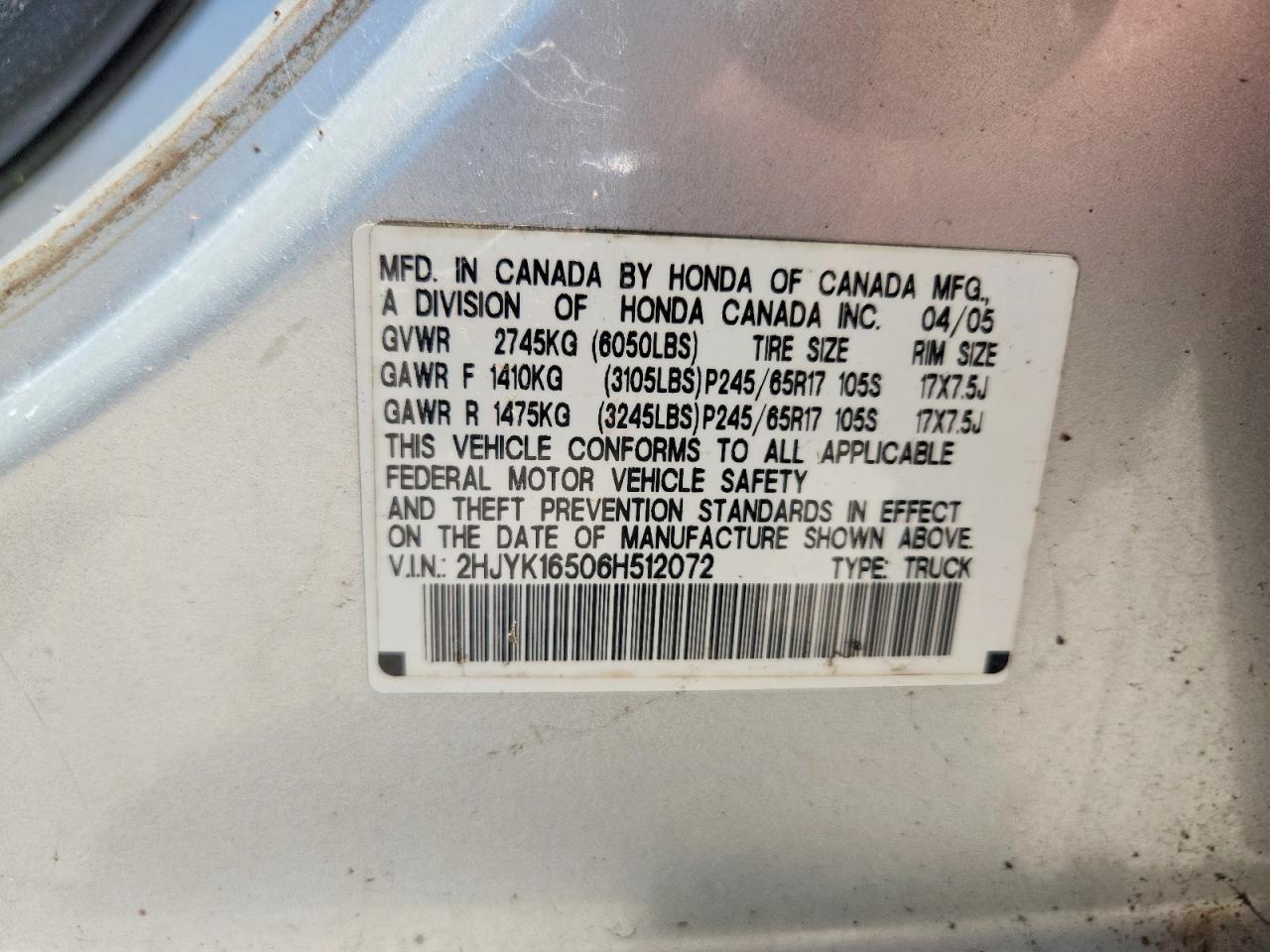 2006 Honda Ridgeline Rtl Silver vin: 2HJYK16506H512072