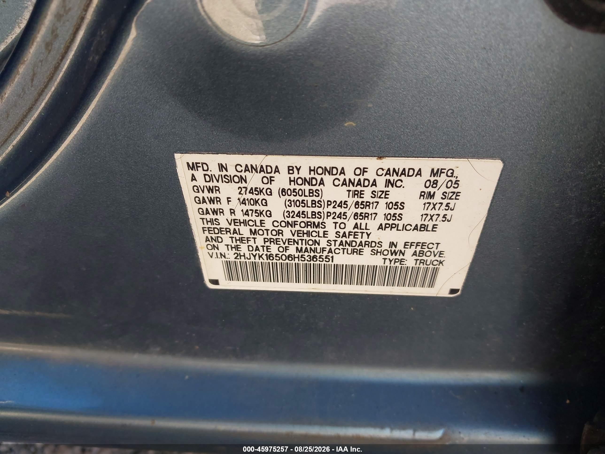 2006 Honda Ridgeline Rtl Light Blue vin: 2HJYK16506H536551