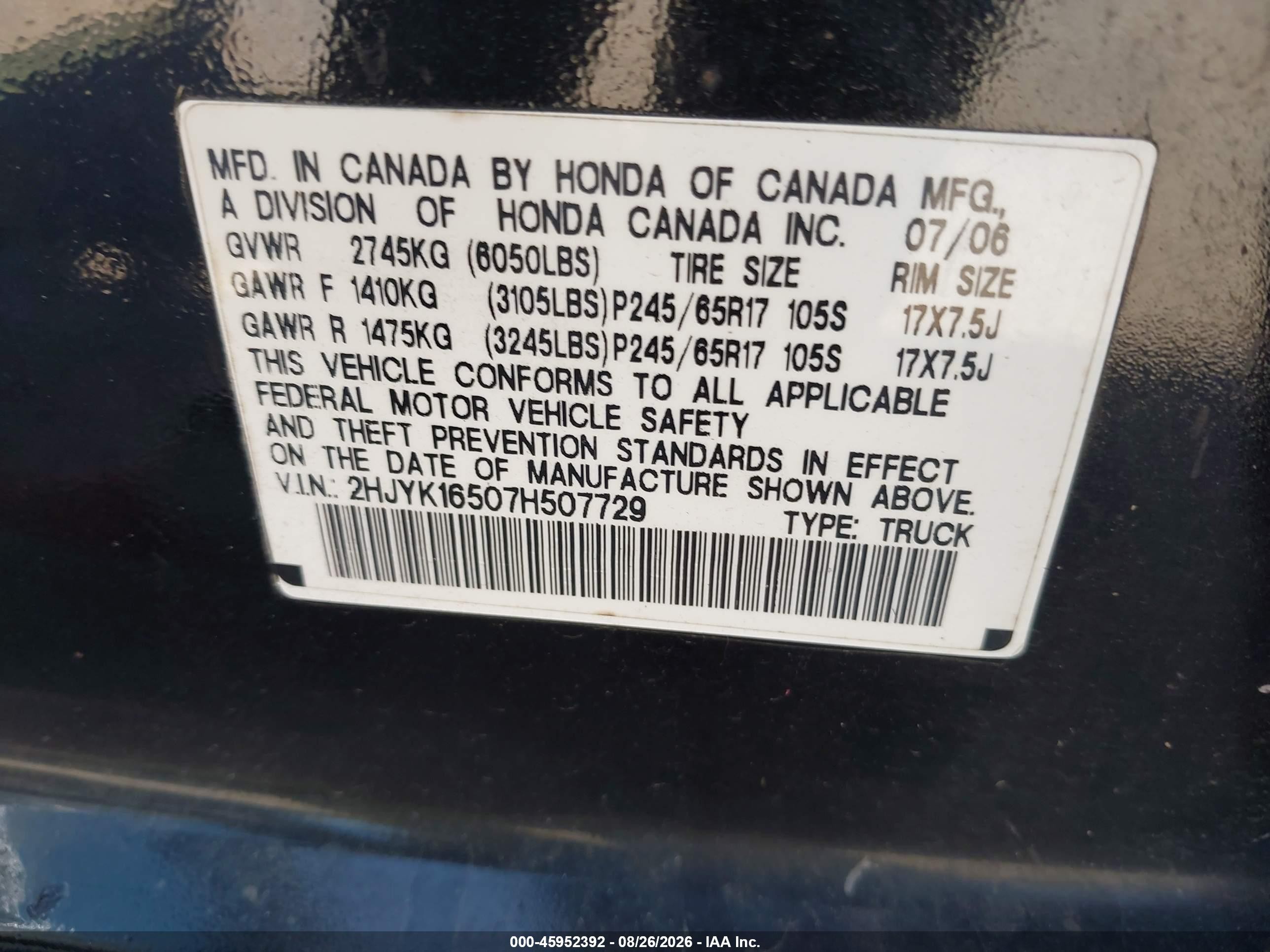 2007 Honda Ridgeline Rtl Черный vin: 2HJYK16507H507729