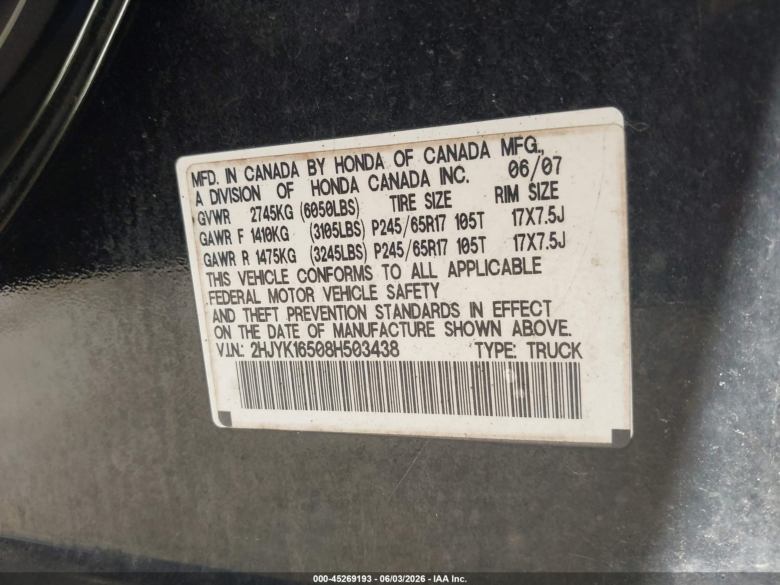 2008 Honda Ridgeline Rtl Black vin: 2HJYK16508H503438