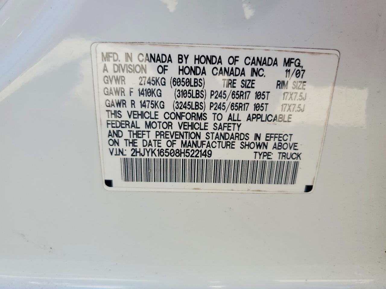 2008 Honda Ridgeline Rtl White vin: 2HJYK16508H522149