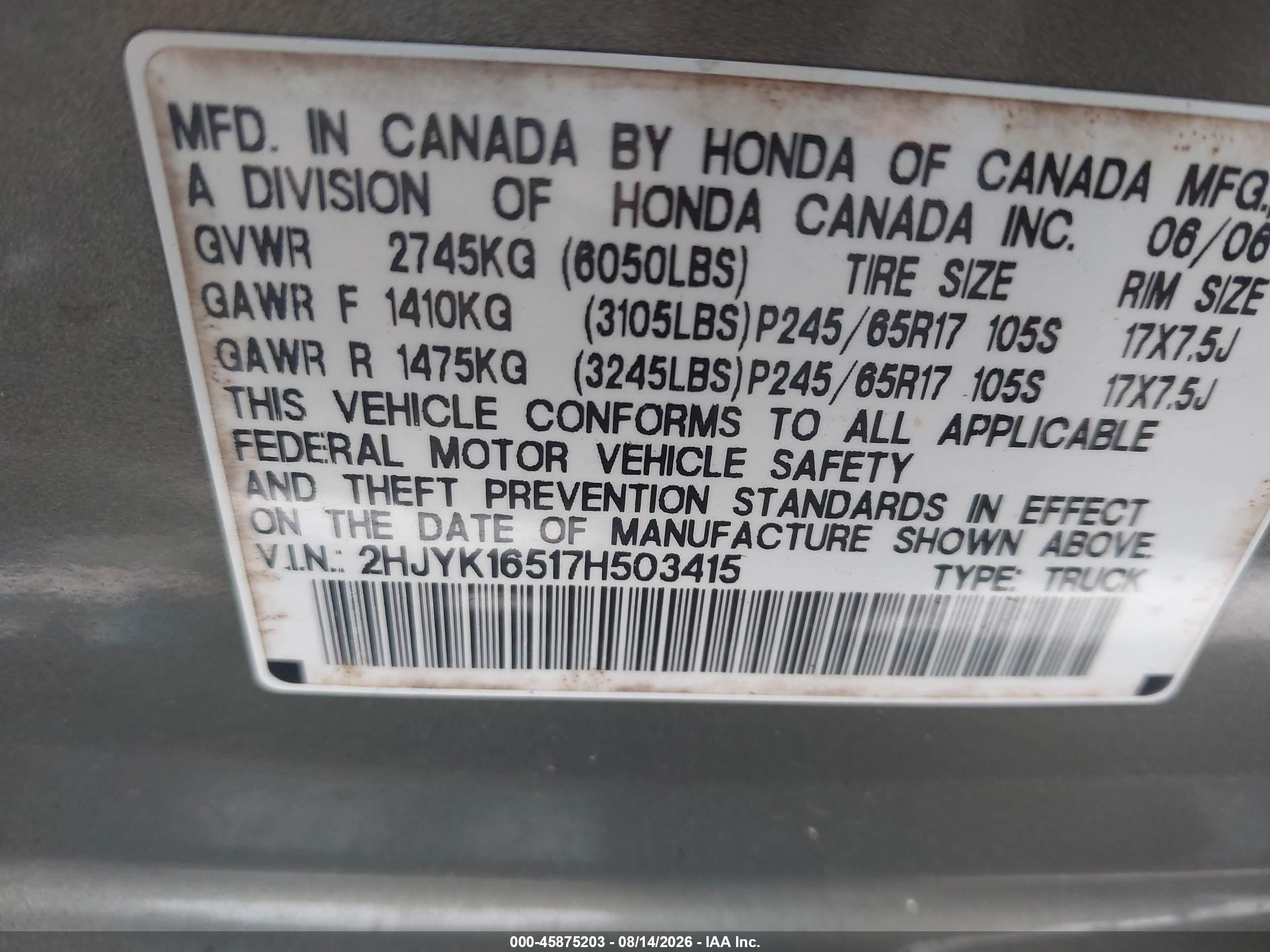 2007 Honda Ridgeline Rtl Green vin: 2HJYK16517H503415