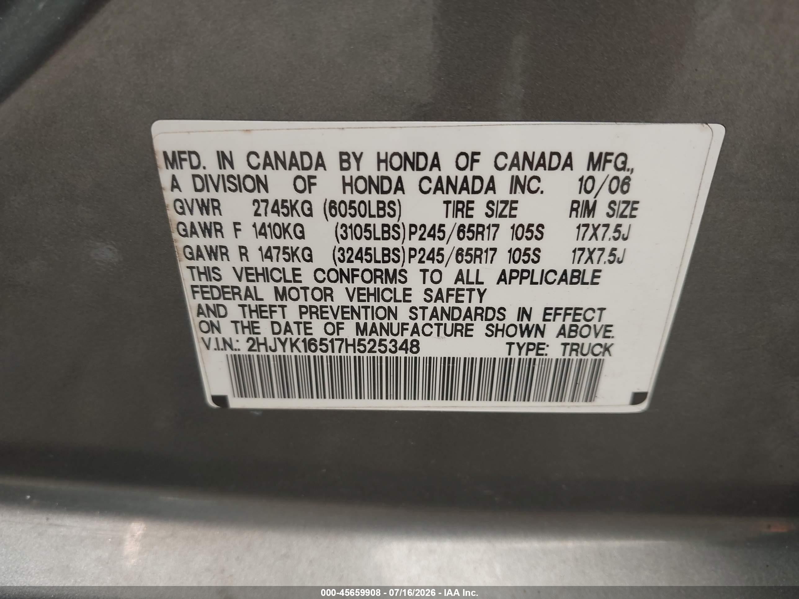 2007 Honda Ridgeline Rtl Gray vin: 2HJYK16517H525348