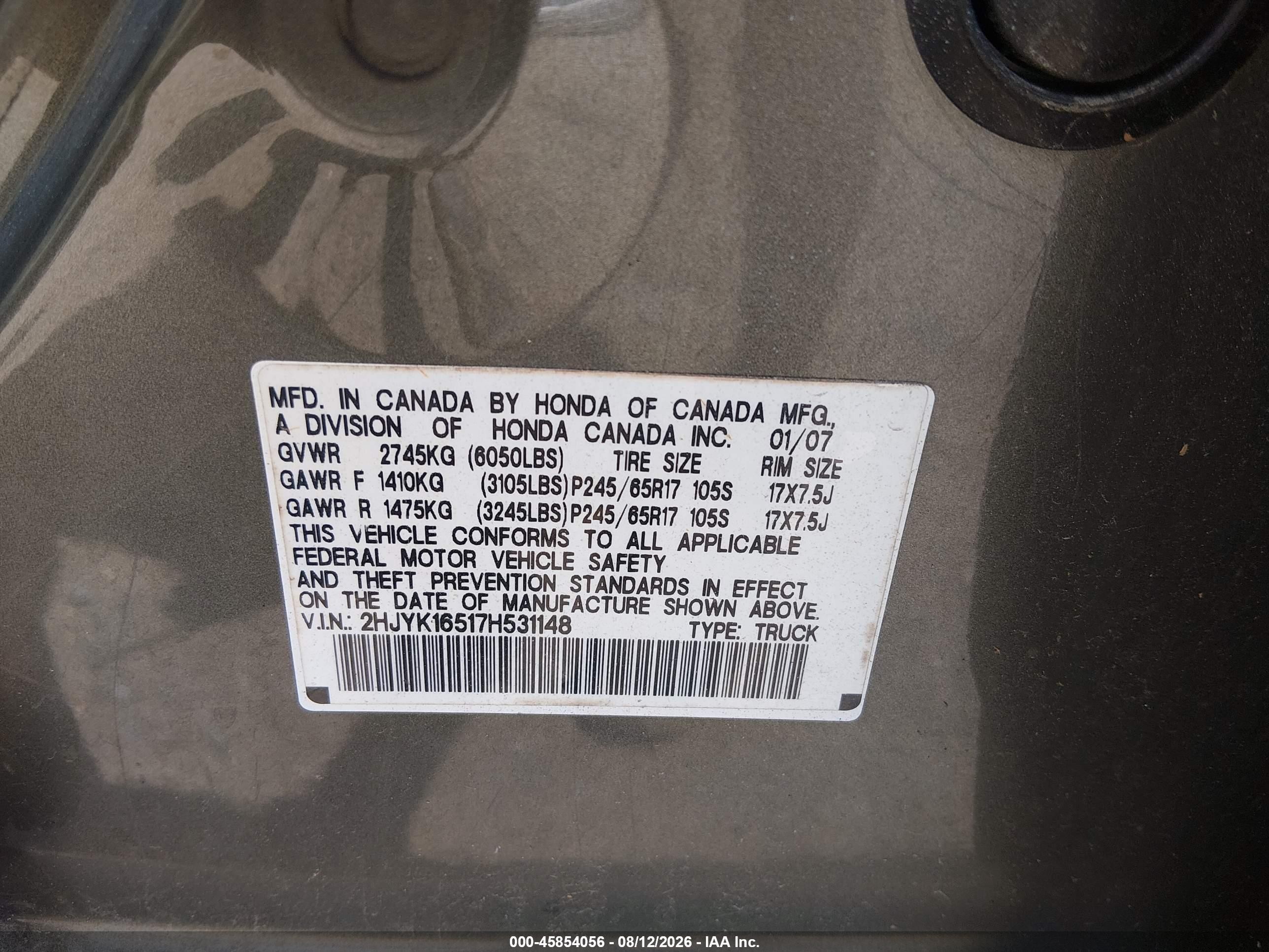 2007 Honda Ridgeline Rtl Gray vin: 2HJYK16517H531148