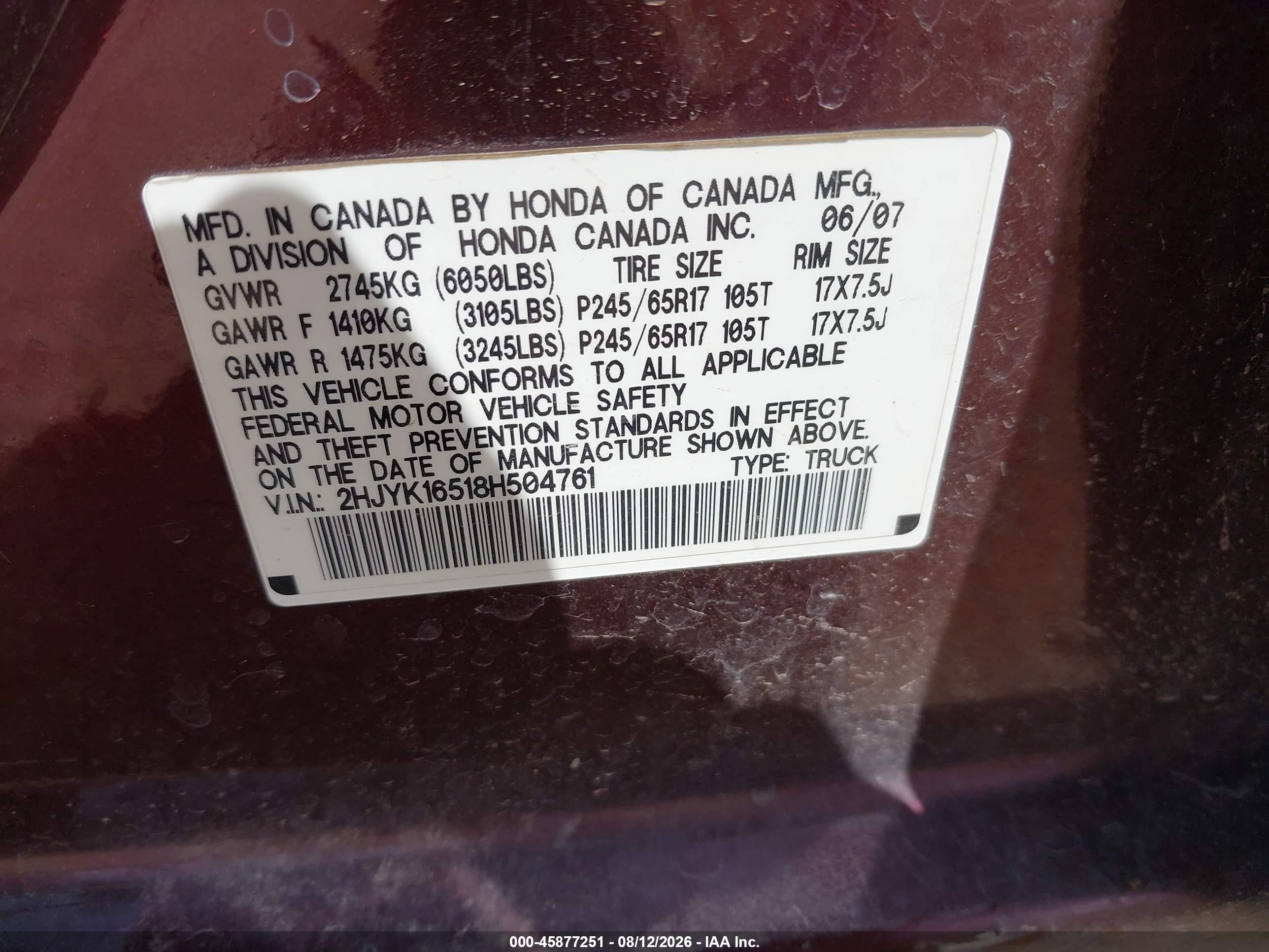 2008 Honda Ridgeline Rtl Burgundy vin: 2HJYK16518H504761