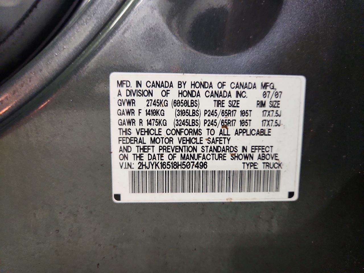 2008 Honda Ridgeline Rtl Gray vin: 2HJYK16518H507496