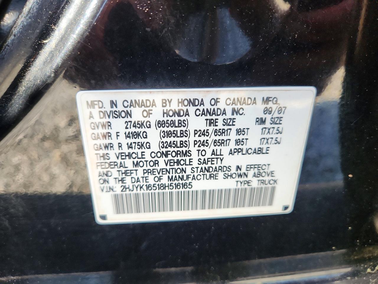 2008 Honda Ridgeline Rtl Black vin: 2HJYK16518H516165