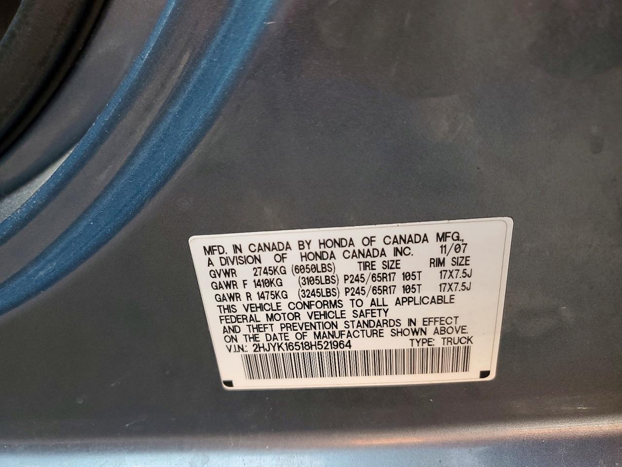 2008 Honda Ridgeline Rtl Blue vin: 2HJYK16518H521964