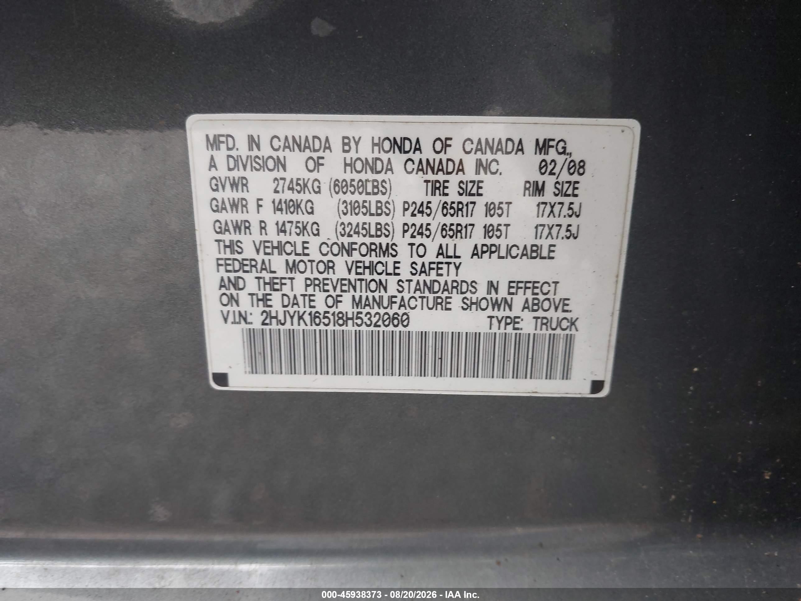 2008 Honda Ridgeline Rtl Серый vin: 2HJYK16518H532060
