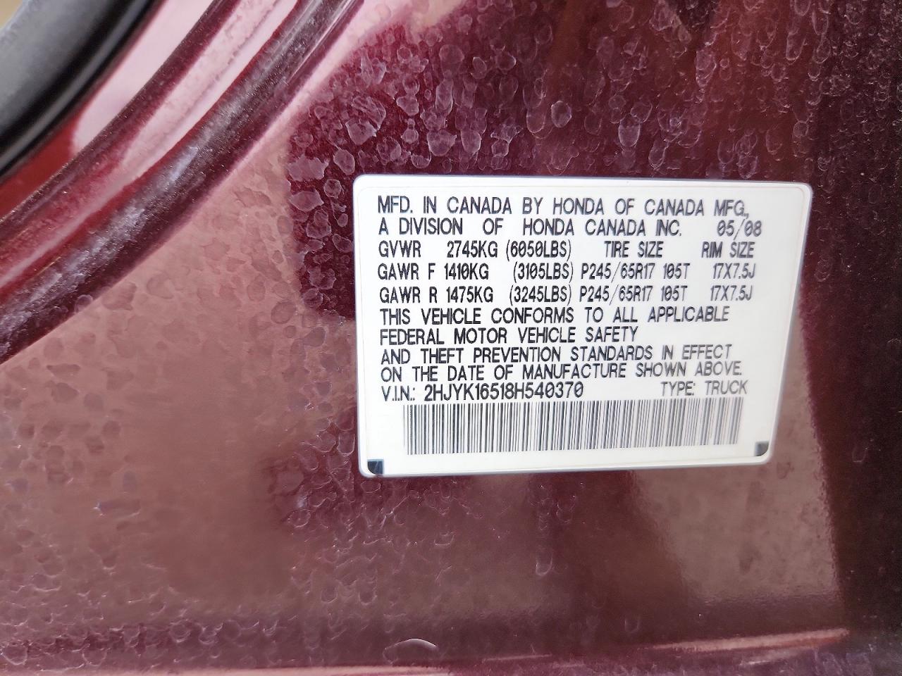 2008 Honda Ridgeline Rtl Maroon vin: 2HJYK16518H540370