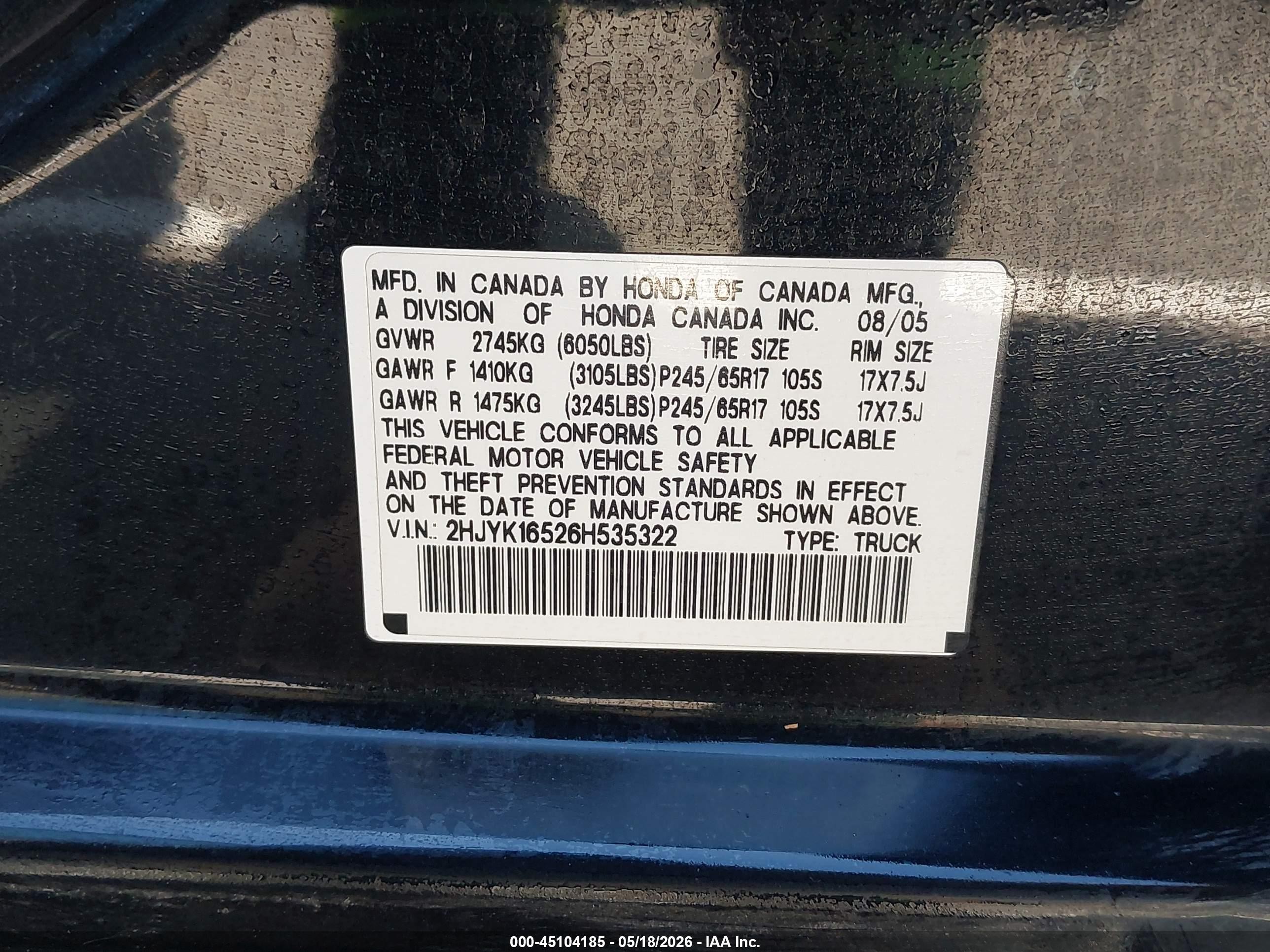 2006 Honda Ridgeline Rtl Black vin: 2HJYK16526H535322