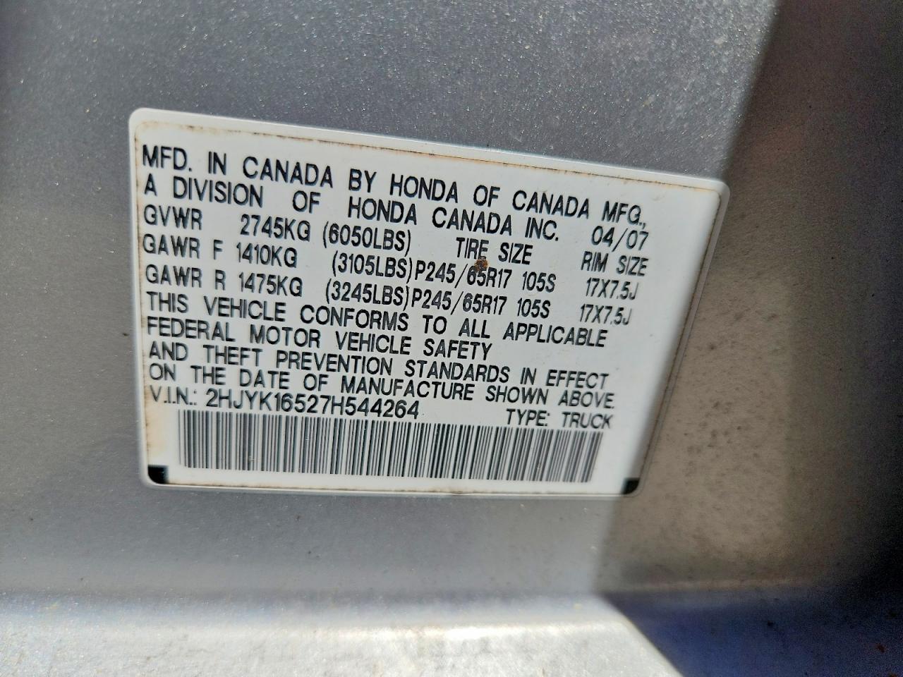 2007 Honda Ridgeline Rtl Серебряный vin: 2HJYK16527H544264